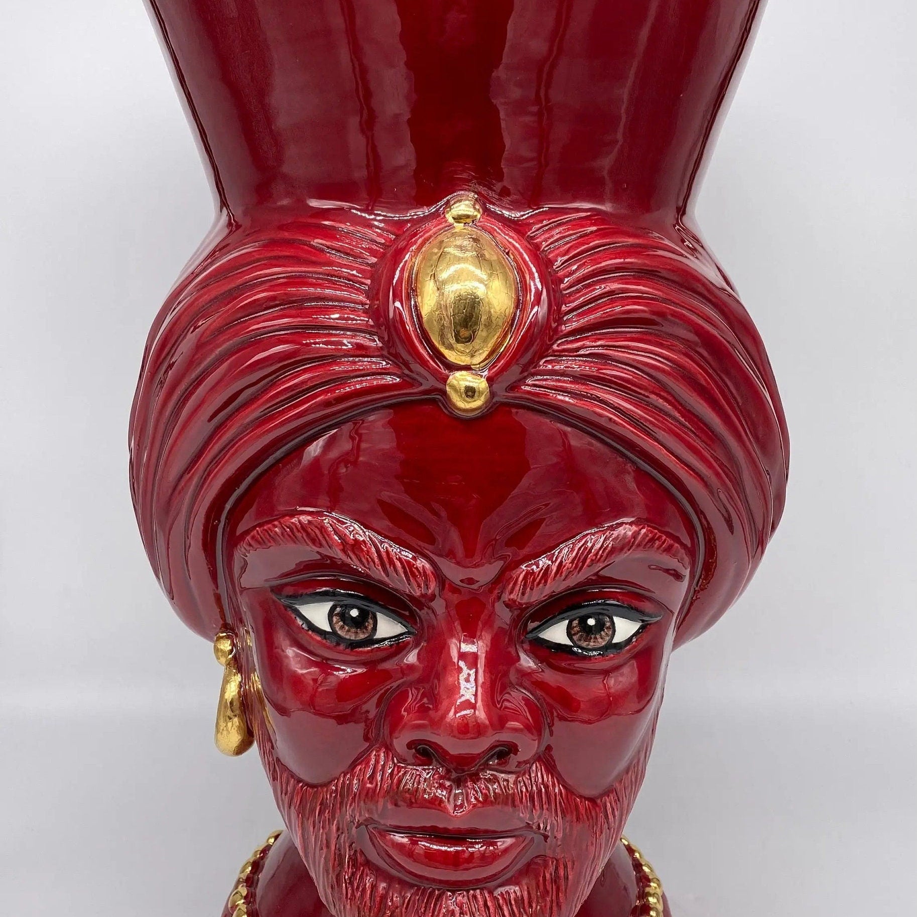 Teste di Moro Iris Ceramica Caltagirone cm H.40 L.23 Artigianale Bordeaux Oro Zecchino DD CERAMICHE SICILIANE