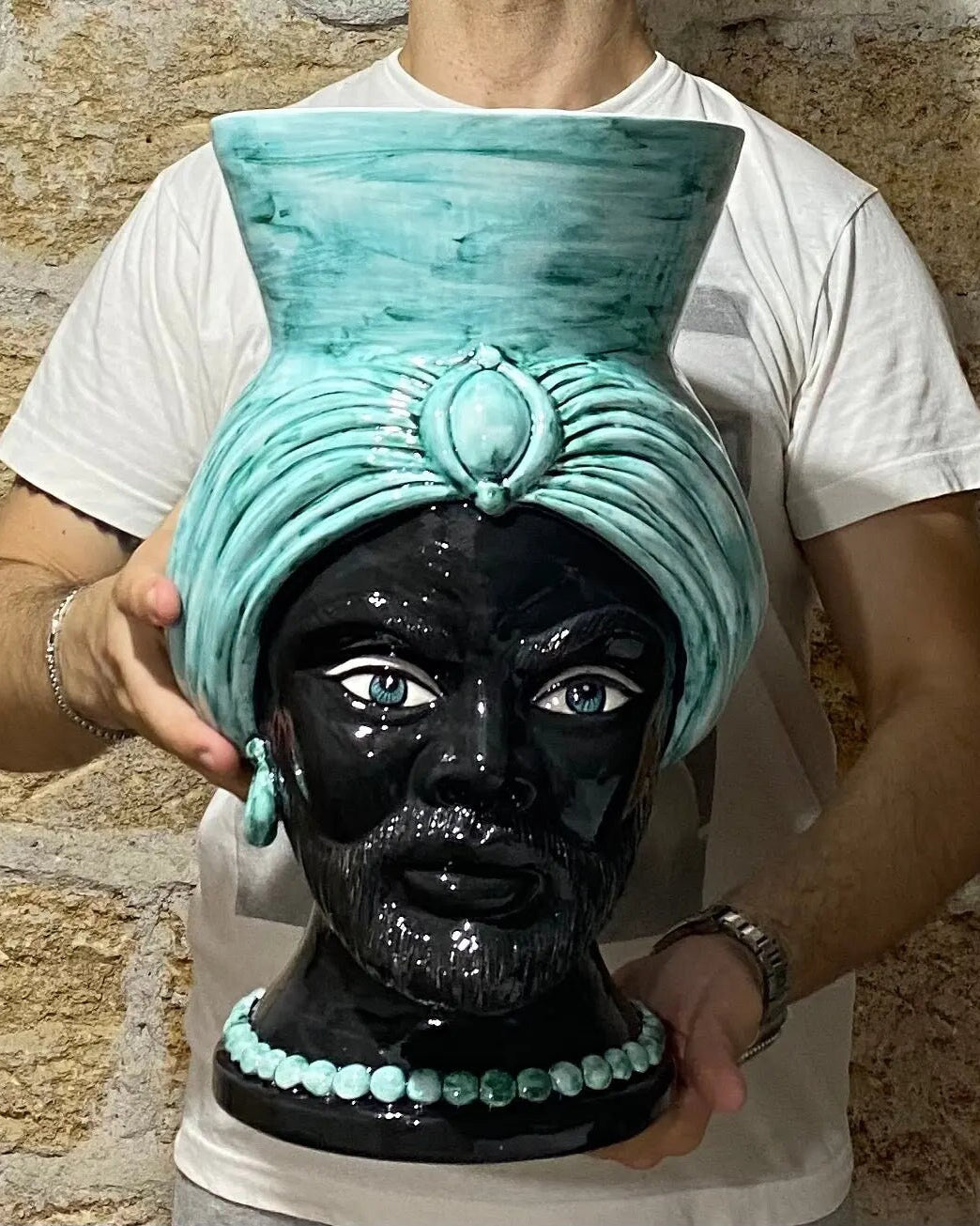 Teste di Moro Iris Ceramica Caltagirone cm H.40 L.23 Artigianale Verde Nero DD CERAMICHE SICILIANE
