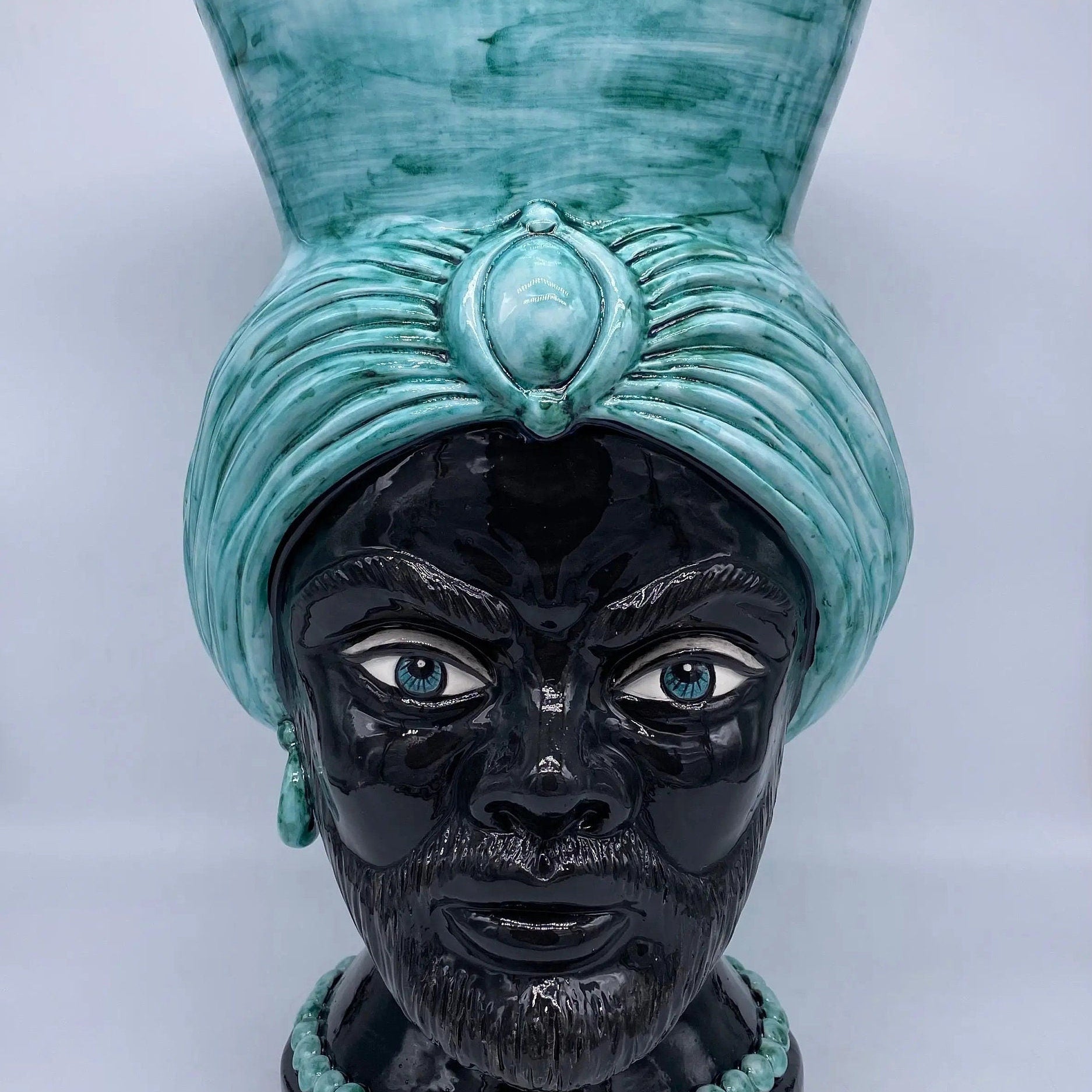 Teste di Moro Iris Ceramica Caltagirone cm H.40 L.23 Artigianale Verde Nero DD CERAMICHE SICILIANE