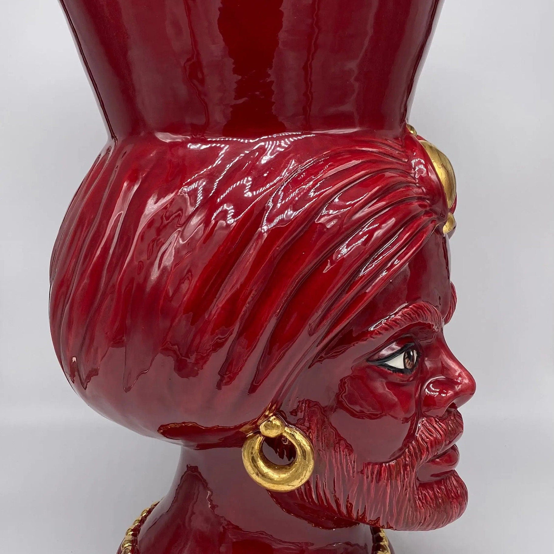 Teste di Moro Iris Ceramica Caltagirone cm H.40 L.23 Artigianale Bordeaux Oro Zecchino DD CERAMICHE SICILIANE