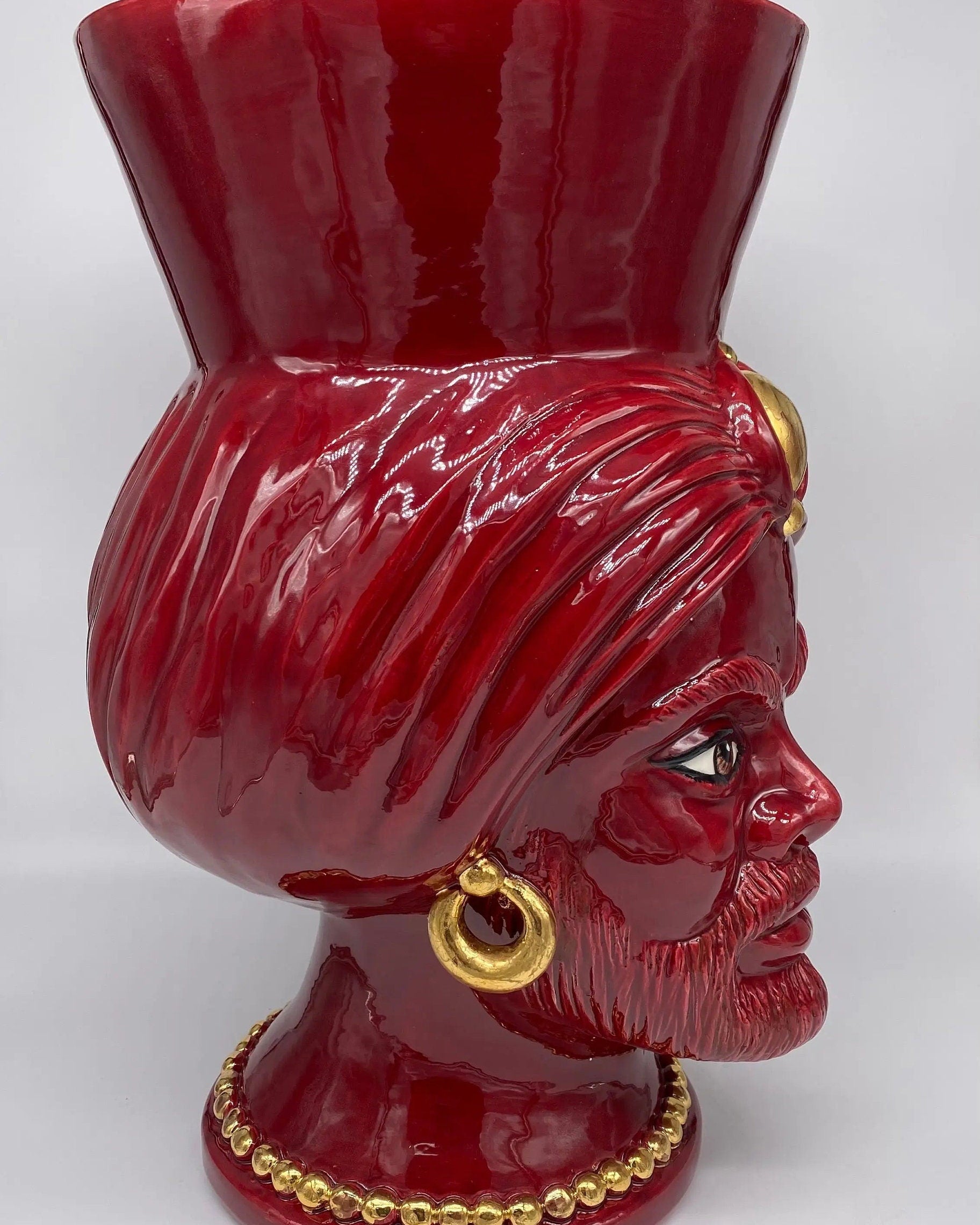 Teste di Moro Iris Ceramica Caltagirone cm H.40 L.23 Artigianale Bordeaux Oro Zecchino DD CERAMICHE SICILIANE