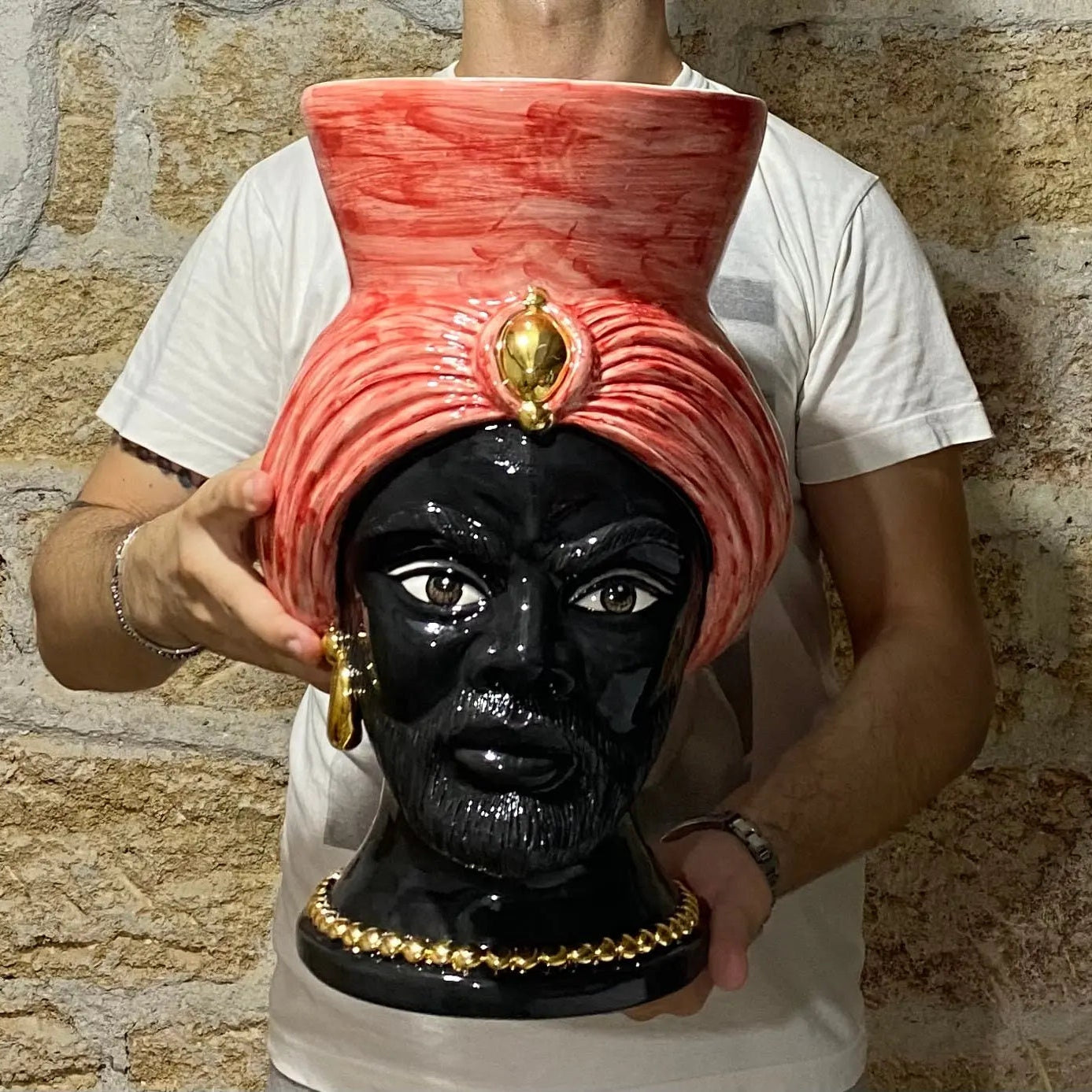 Teste di Moro Iris Ceramica Caltagirone cm H.40 L.23 Artigianale Rosso Oro Zecchino DD CERAMICHE SICILIANE