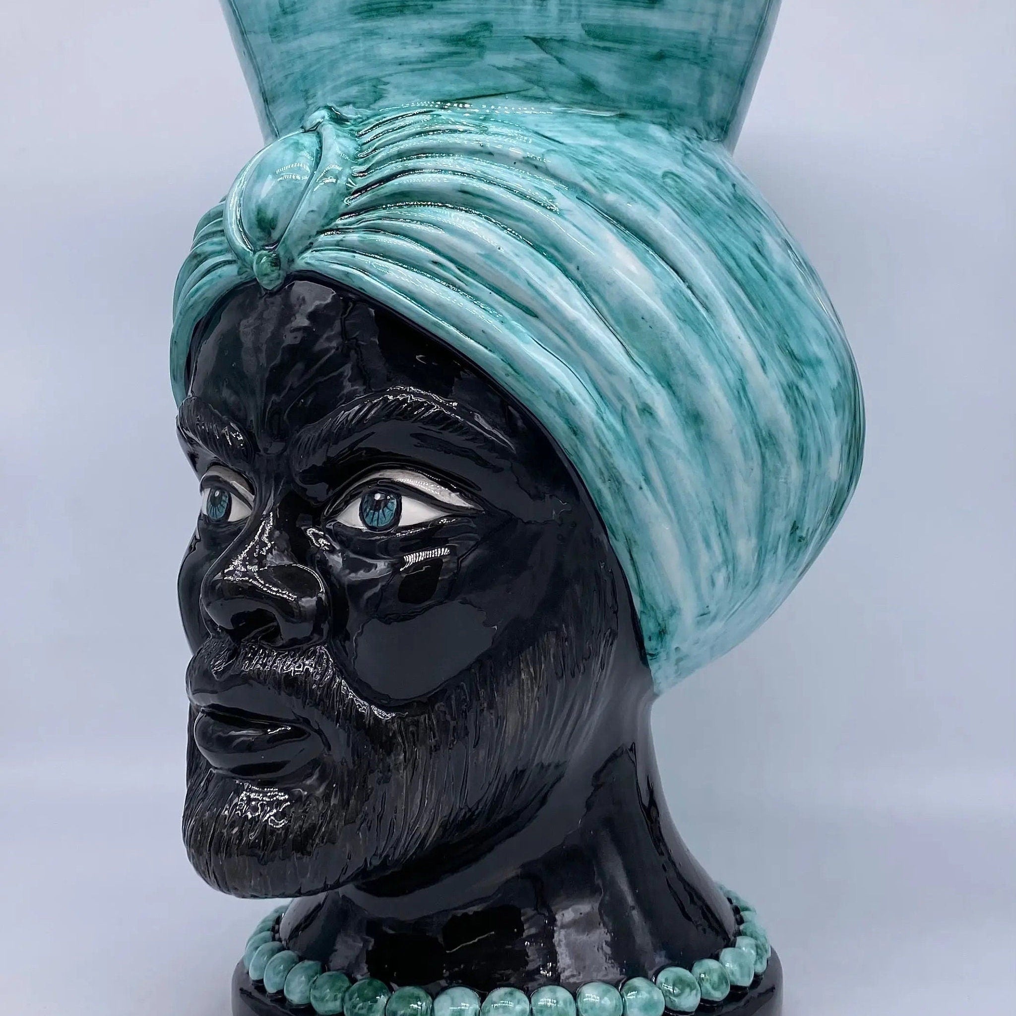 Teste di Moro Iris Ceramica Caltagirone cm H.40 L.23 Artigianale Verde Nero DD CERAMICHE SICILIANE