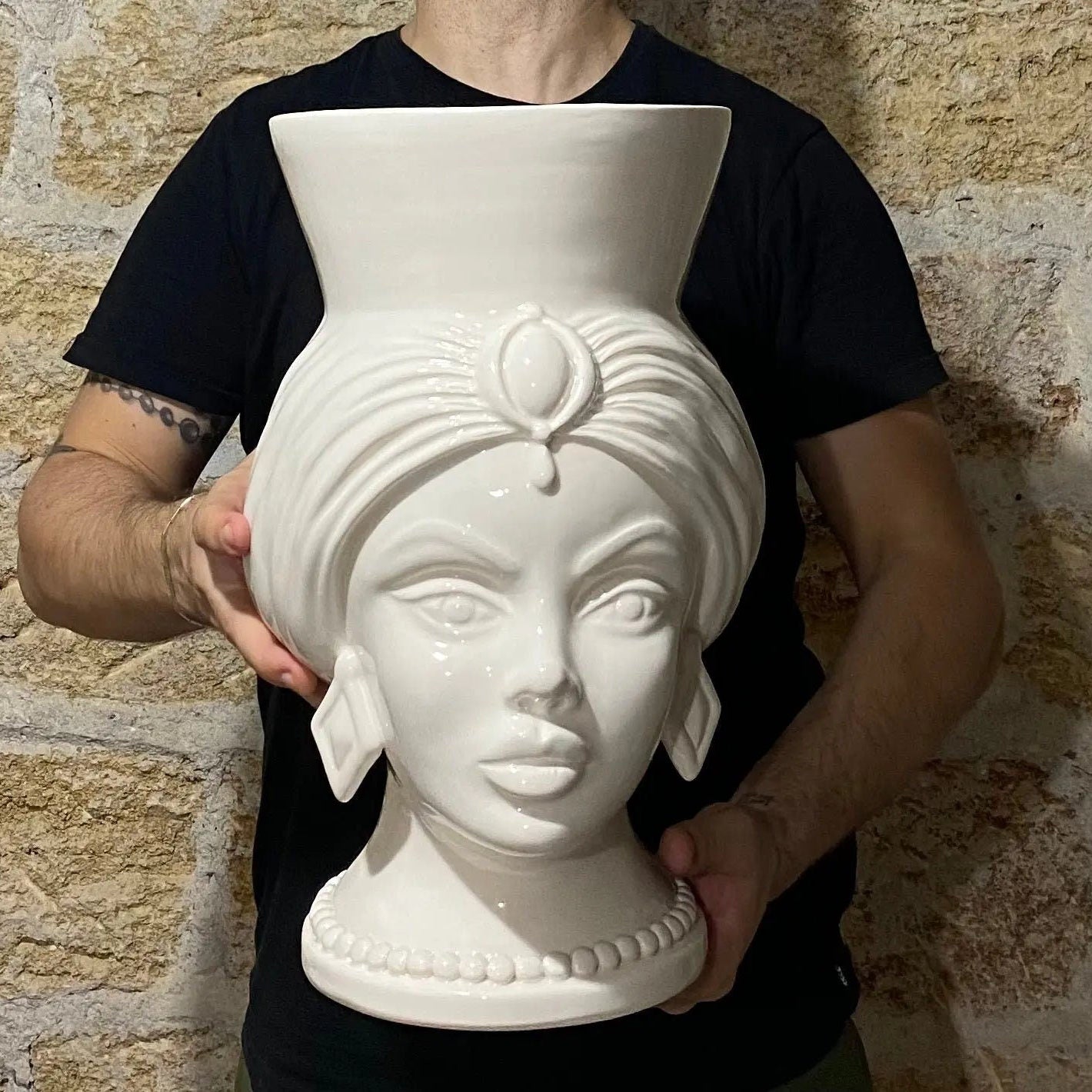 Teste di Moro Iris Ceramica Caltagirone cm H.40 L.23 Artigianale Bianco DD CERAMICHE SICILIANE