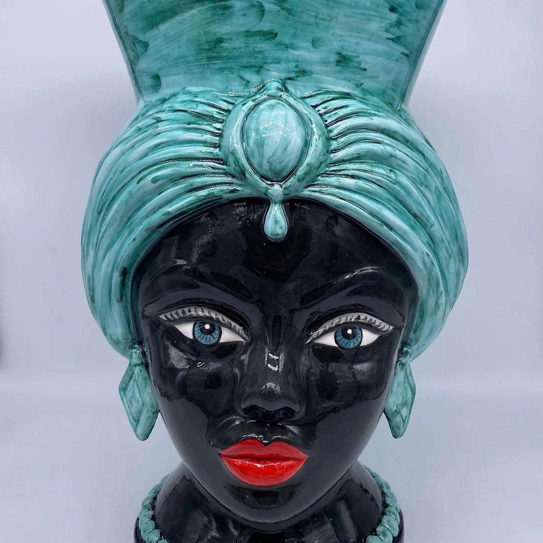 Teste di Moro Iris Ceramica Caltagirone cm H.40 L.23 Artigianale Verde Nero DD CERAMICHE SICILIANE