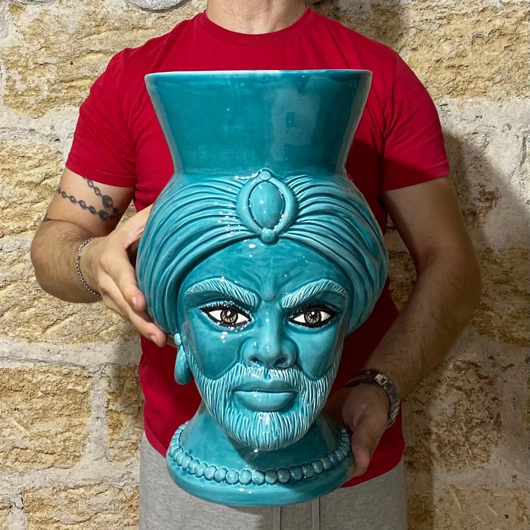 Teste di Moro Iris Ceramica Caltagirone cm H.40 L.23 Artigianale Verde Smeraldo DD CERAMICHE SICILIANE