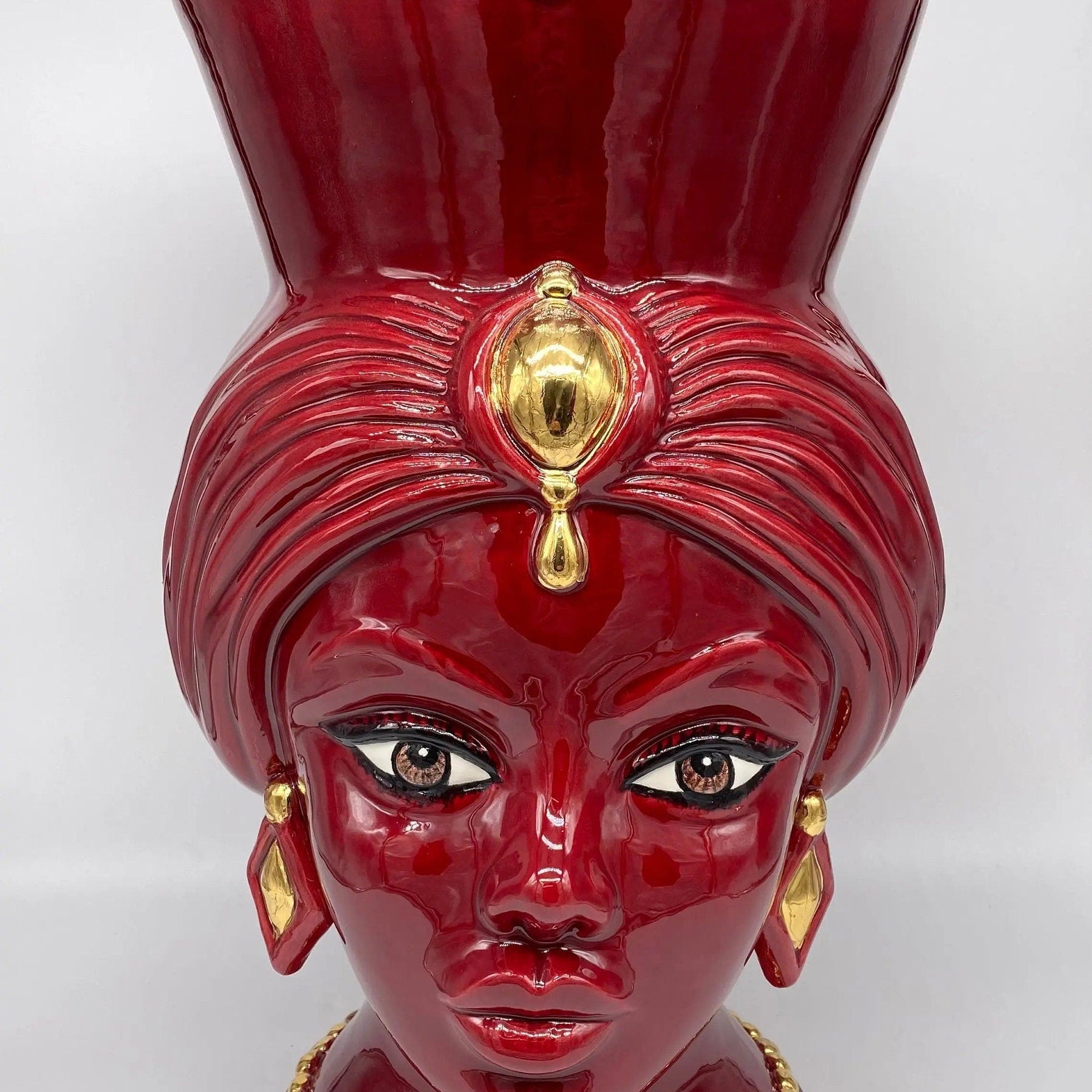 Teste di Moro Iris Ceramica Caltagirone cm H.40 L.23 Artigianale Bordeaux Oro Zecchino DD CERAMICHE SICILIANE