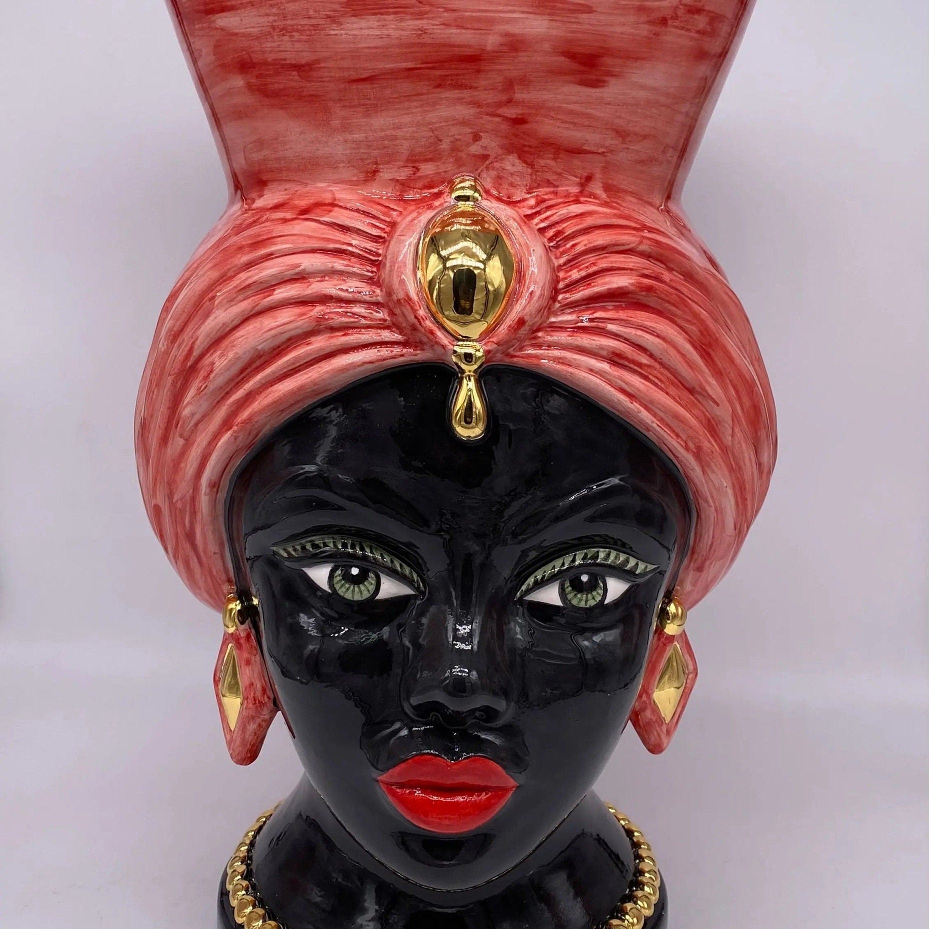Teste di Moro Iris Ceramica Caltagirone cm H.40 L.23 Artigianale Rosso Oro Zecchino DD CERAMICHE SICILIANE