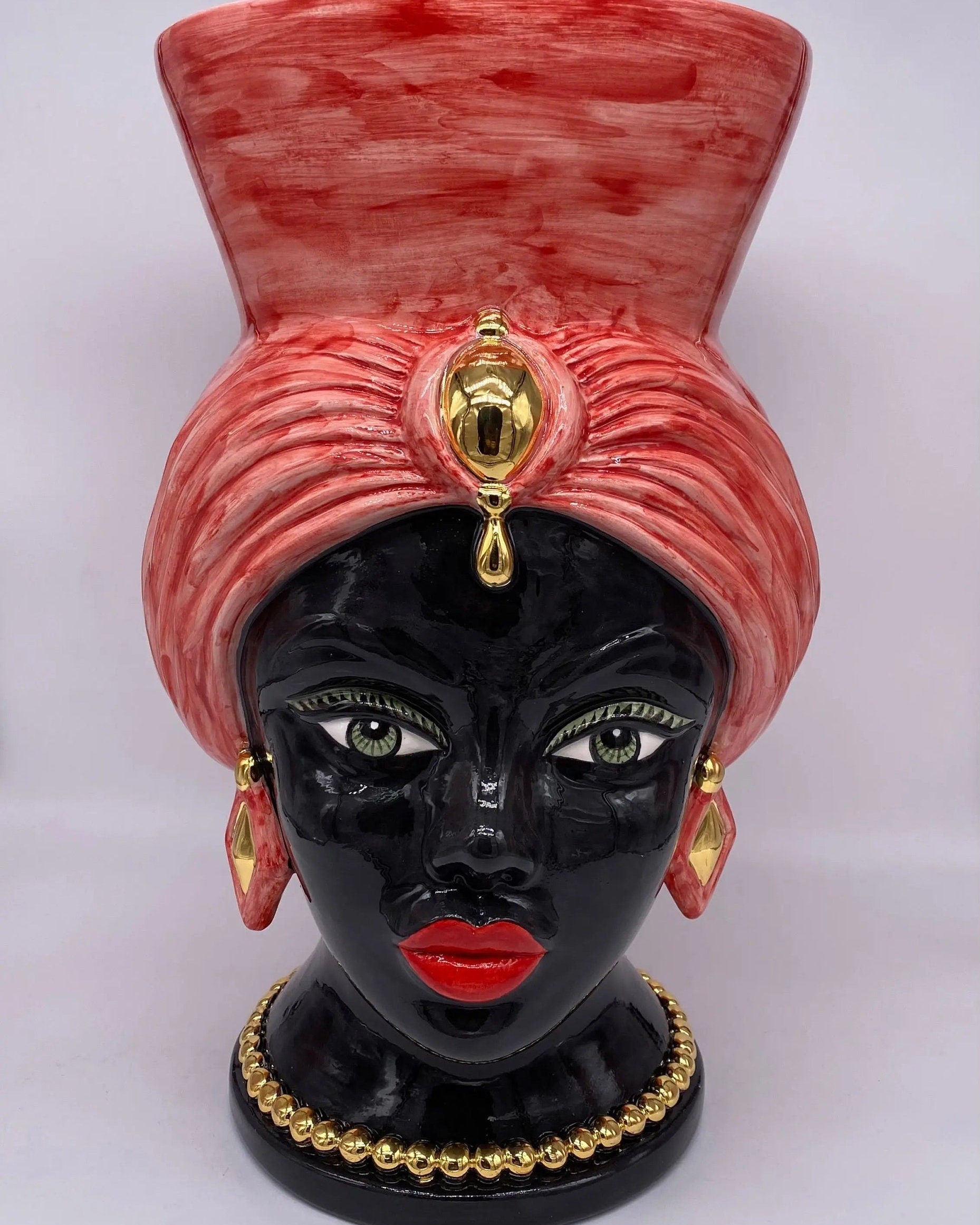Teste di Moro Iris Ceramica Caltagirone cm H.40 L.23 Artigianale Rosso Oro Zecchino DD CERAMICHE SICILIANE