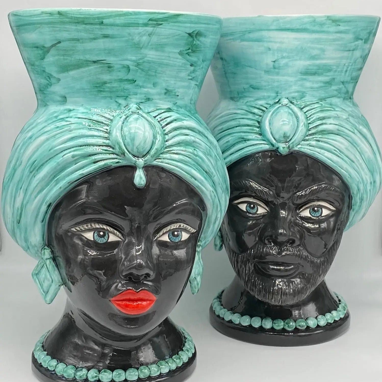 Teste di Moro Iris Ceramica Caltagirone cm H.40 L.23 Artigianale Verde Nero DD CERAMICHE SICILIANE