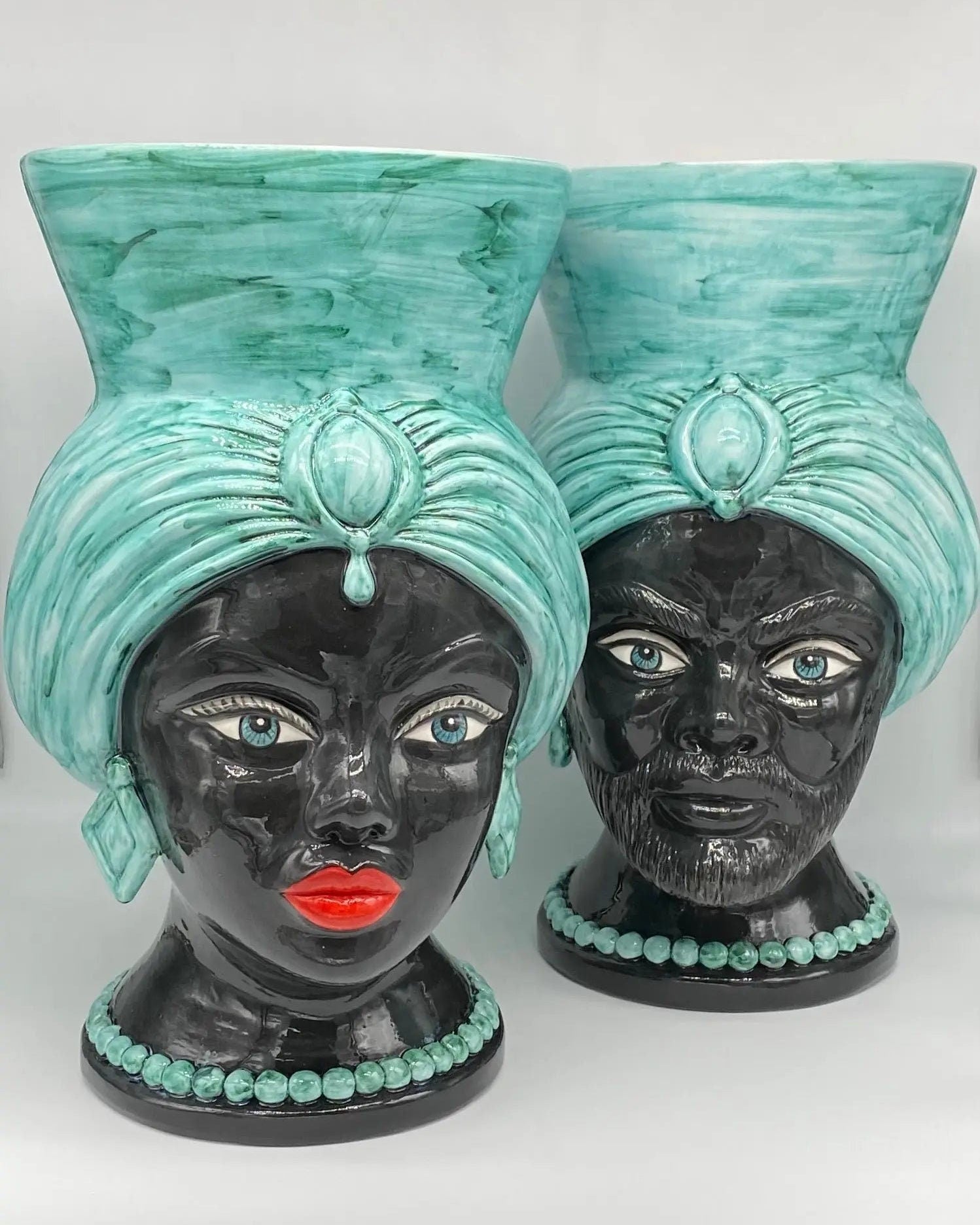 Teste di Moro Iris Ceramica Caltagirone cm H.40 L.23 Artigianale Verde Nero DD CERAMICHE SICILIANE