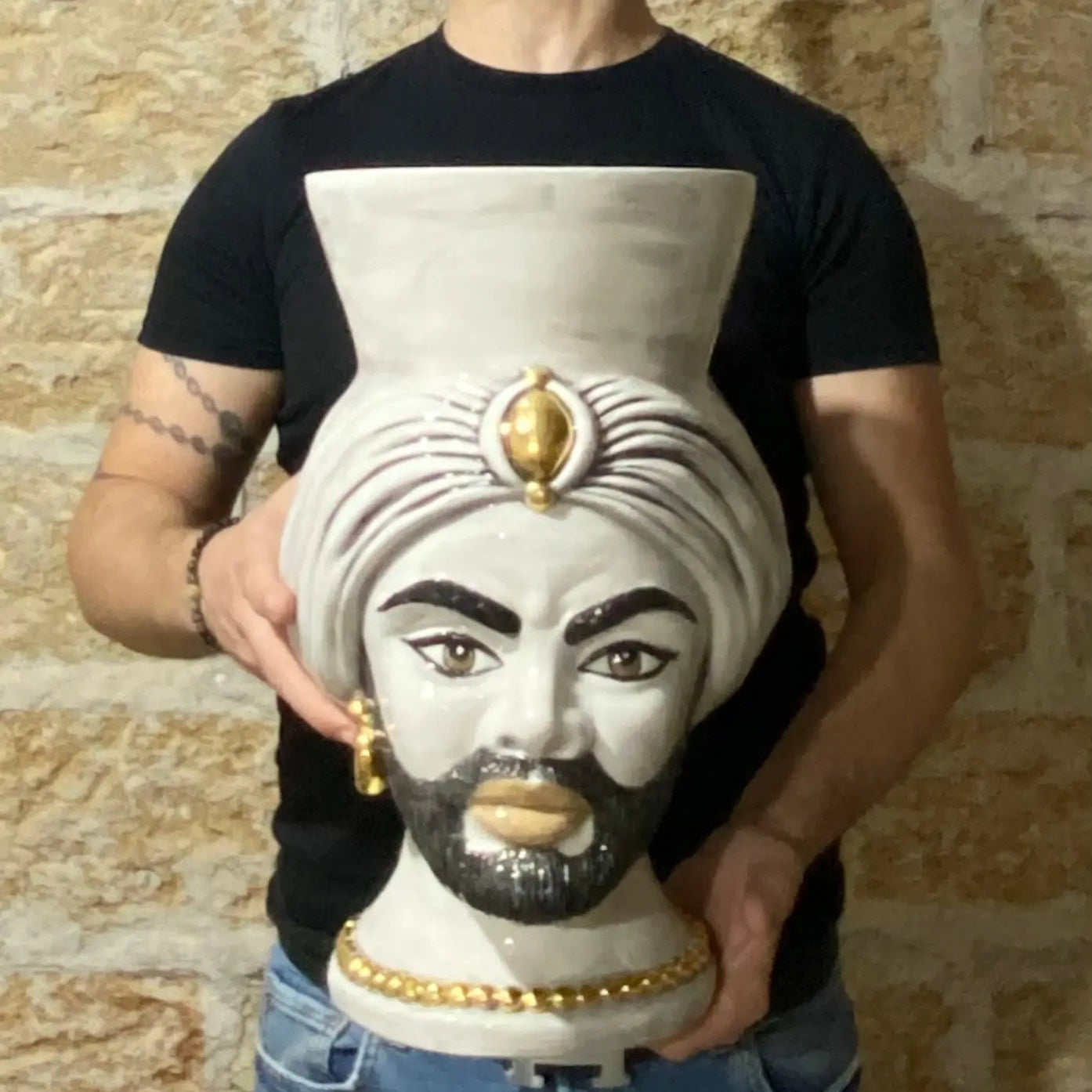 Teste di Moro Iris Ceramica Caltagirone cm H.40 L.23 Artigianale Ghiaccio Oro Zecchino DD CERAMICHE SICILIANE