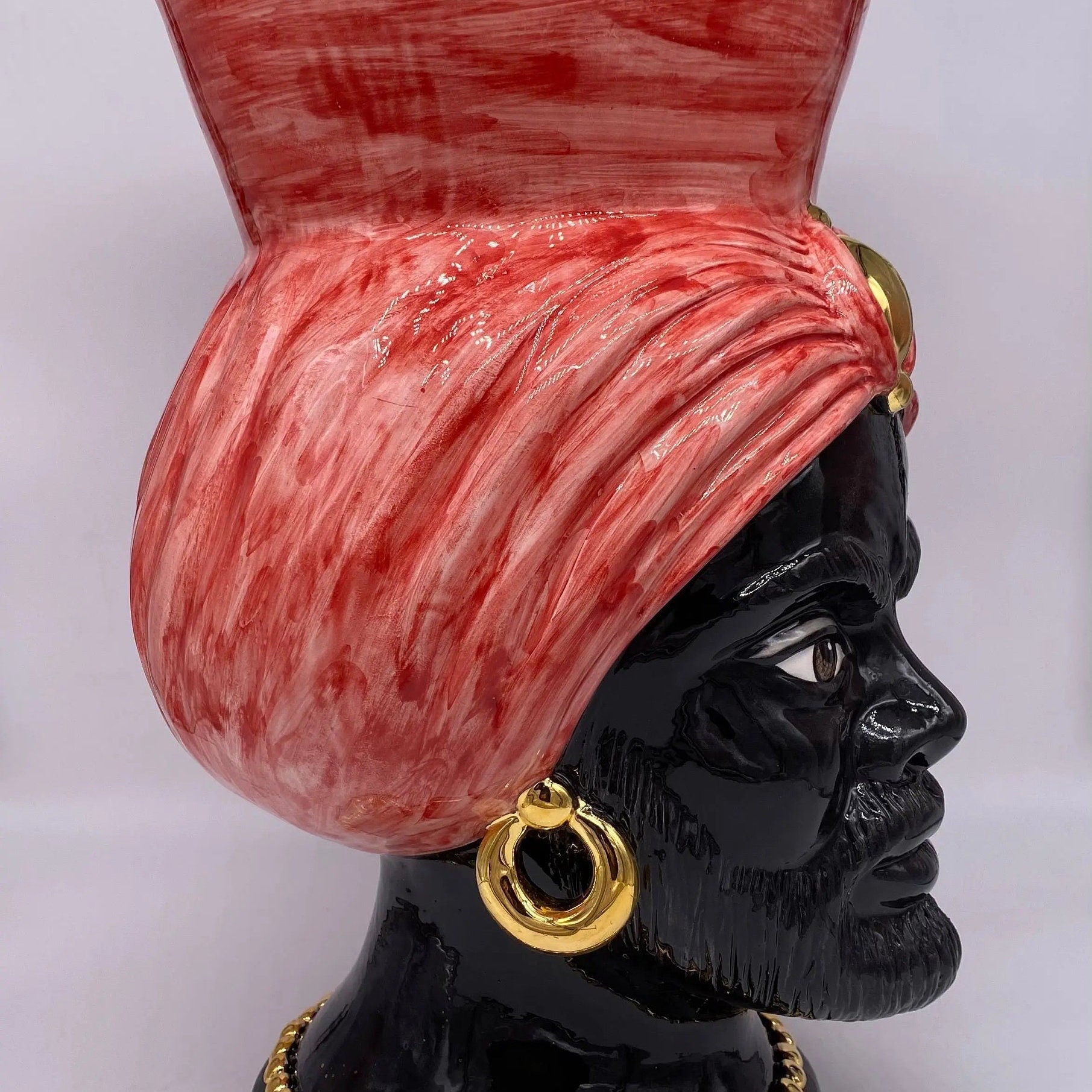 Teste di Moro Iris Ceramica Caltagirone cm H.40 L.23 Artigianale Rosso Oro Zecchino DD CERAMICHE SICILIANE