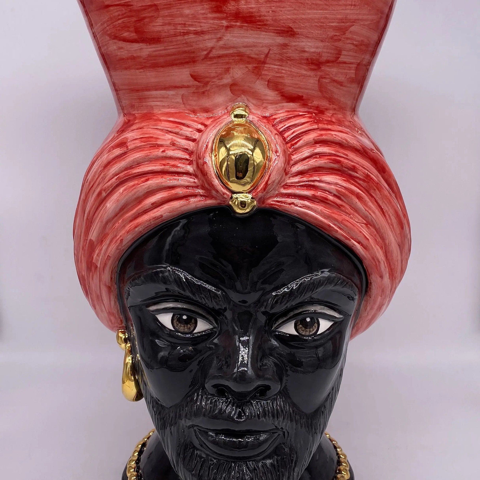 Teste di Moro Iris Ceramica Caltagirone cm H.40 L.23 Artigianale Rosso Oro Zecchino DD CERAMICHE SICILIANE