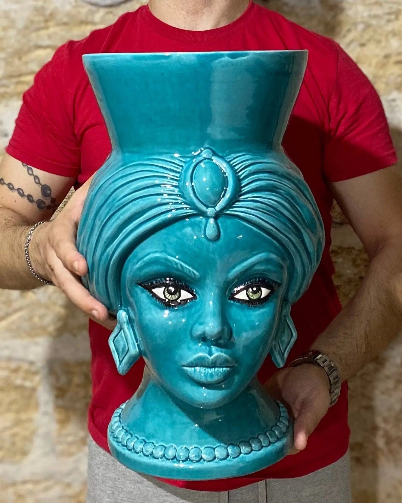 Teste di Moro Iris Ceramica Caltagirone cm H.40 L.23 Artigianale Verde Smeraldo DD CERAMICHE SICILIANE