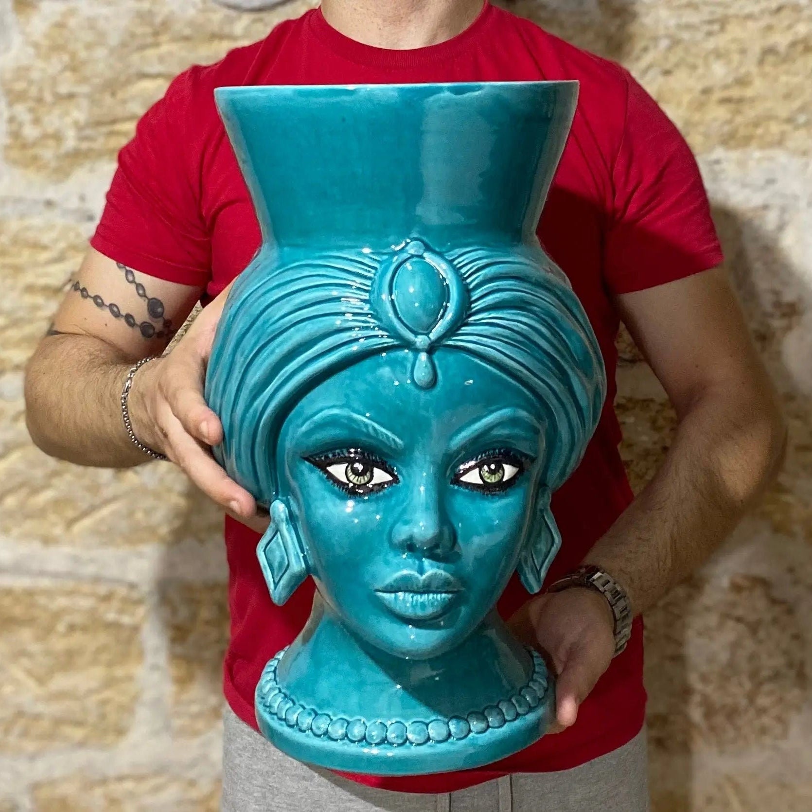 Teste di Moro Iris Ceramica Caltagirone cm H.40 L.23 Artigianale Verde Smeraldo DD CERAMICHE SICILIANE