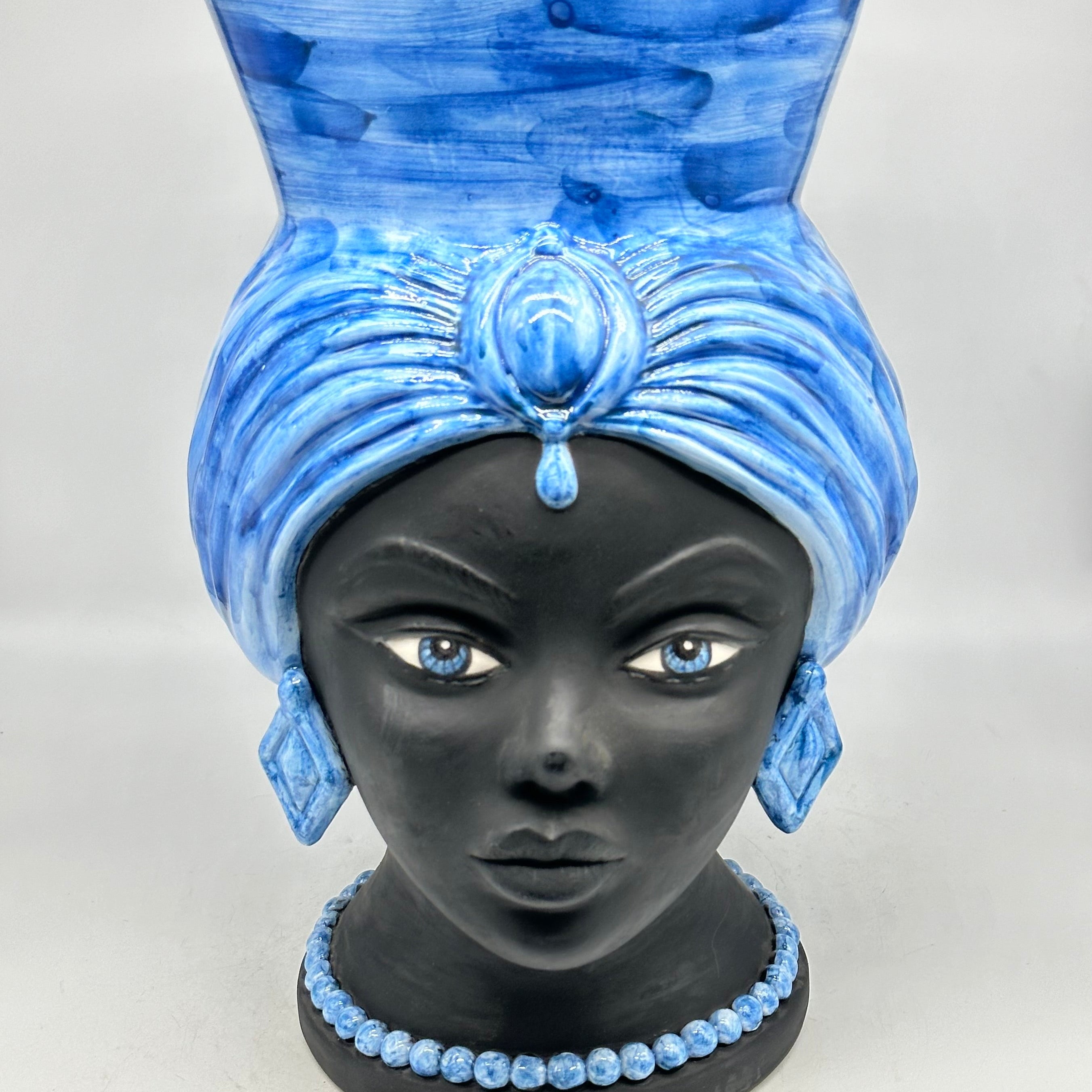 Teste di Moro Iris Ceramica Caltagirone cm H.40 L.23 Artigianale Blu Nero Opaco - Donna - TESTE DI MORO