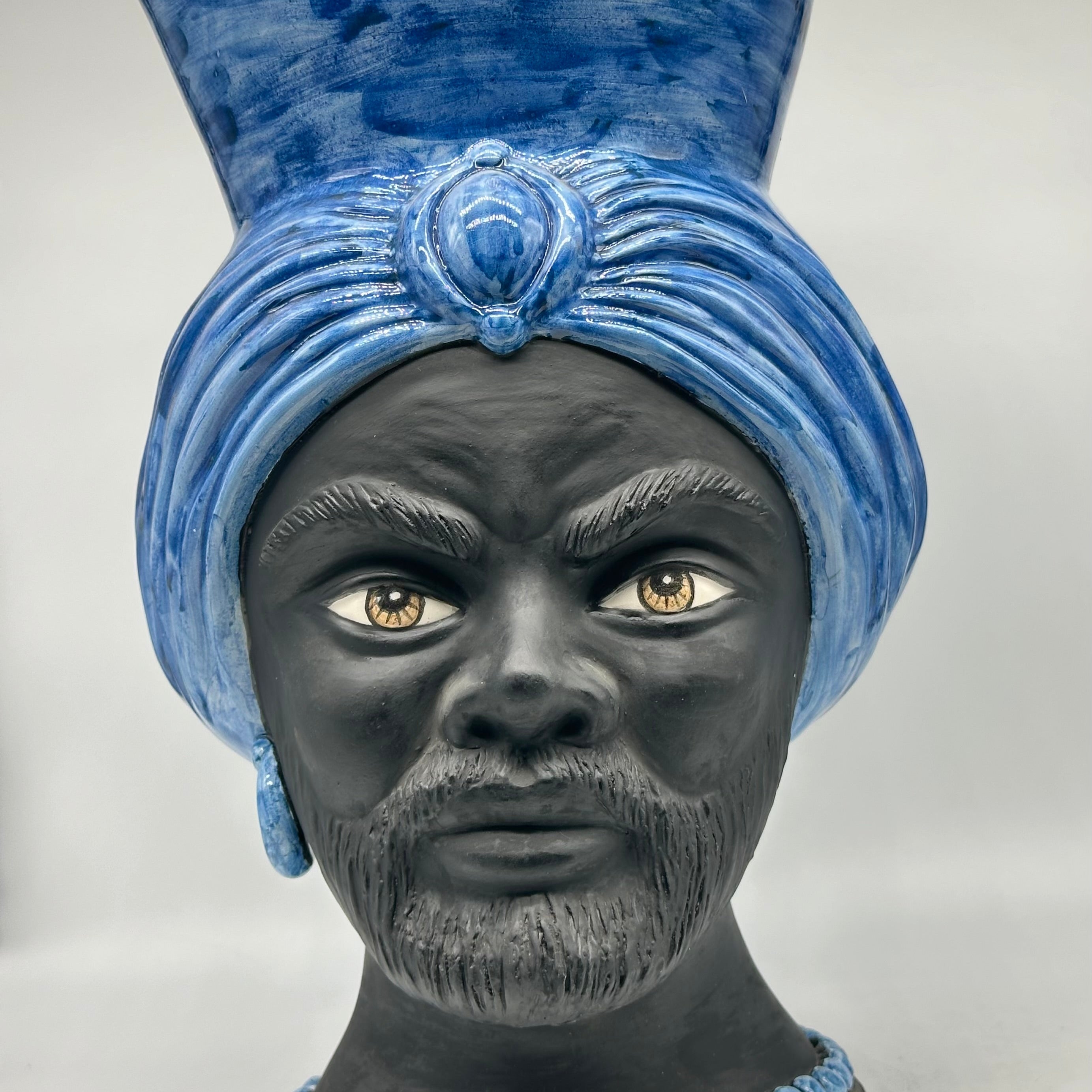 Teste di Moro Iris Ceramica Caltagirone cm H.40 L.23 Artigianale Blu Nero Opaco - TESTE DI MORO