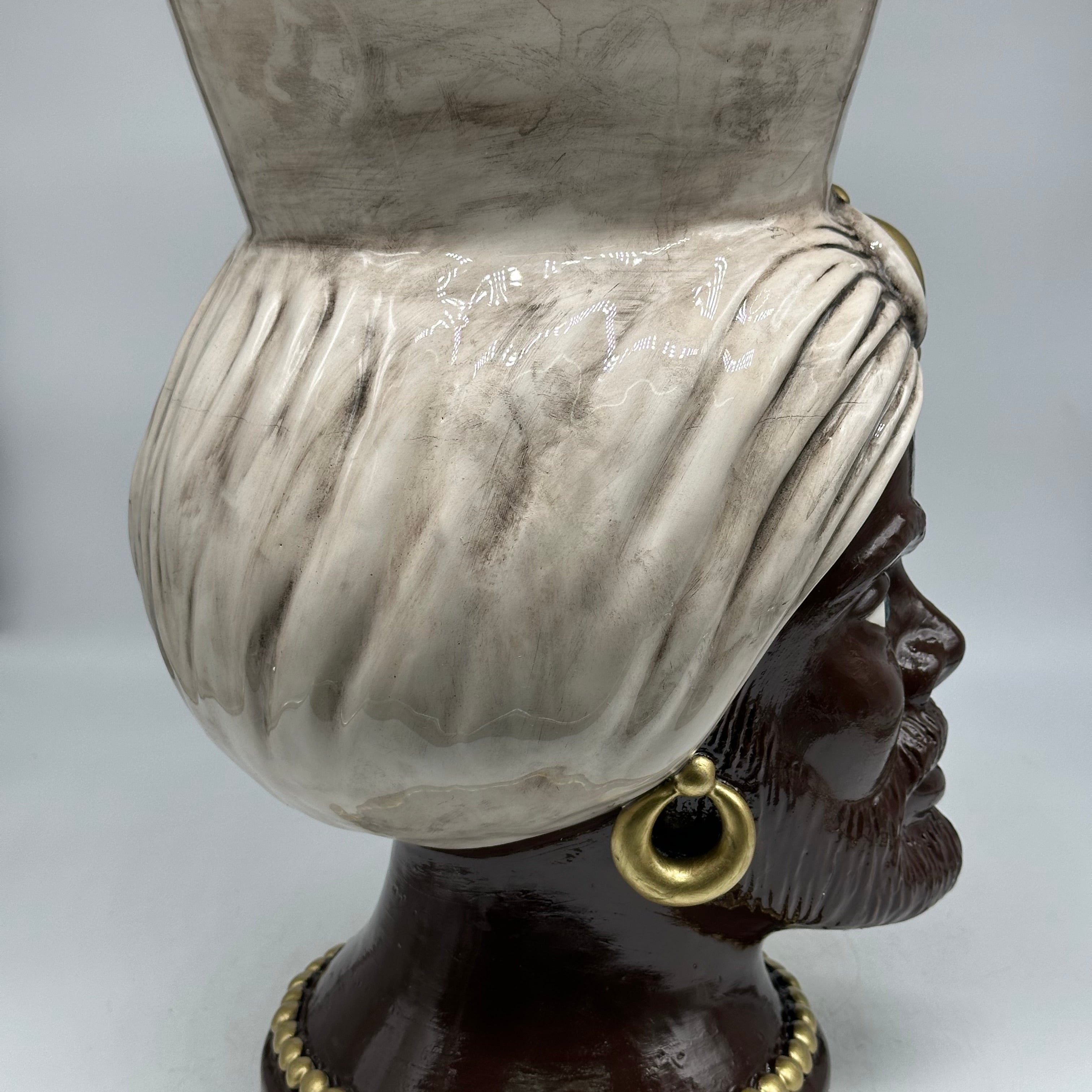 Teste di Moro Iris Ceramica Caltagirone cm H.40 L.23 Artigianale Écru Marrone Oro V.2 - TESTE DI MORO