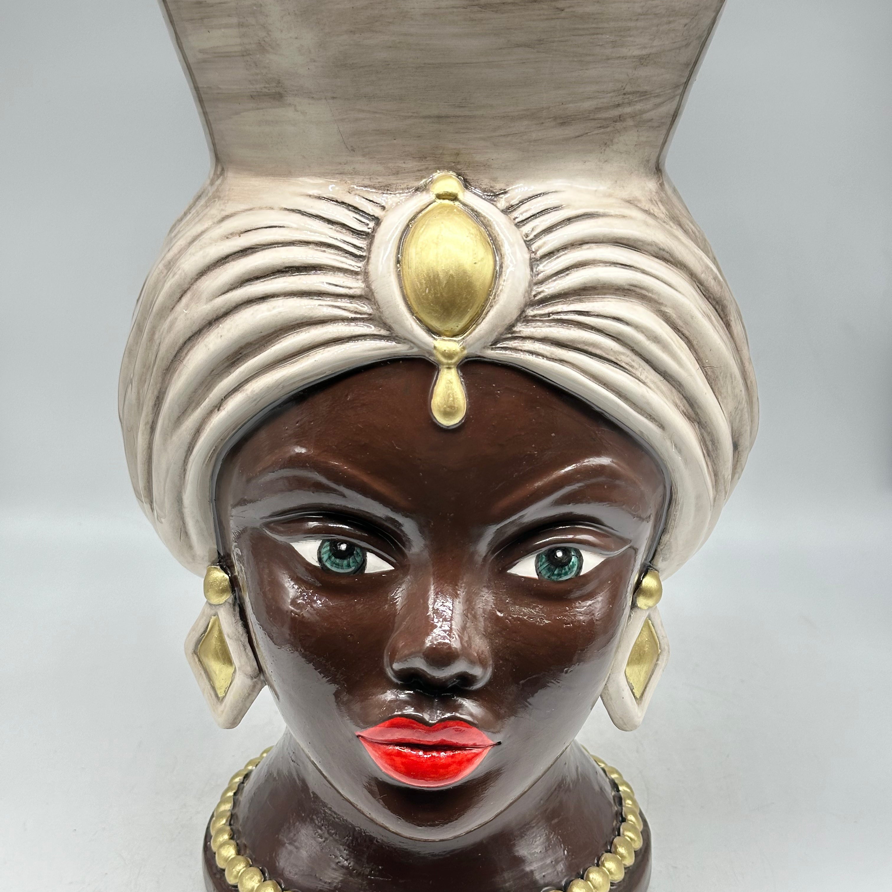 Teste di Moro Iris Ceramica Caltagirone cm H.40 L.23 Artigianale Écru Marrone Oro V.2 - Donna - TESTE DI MORO