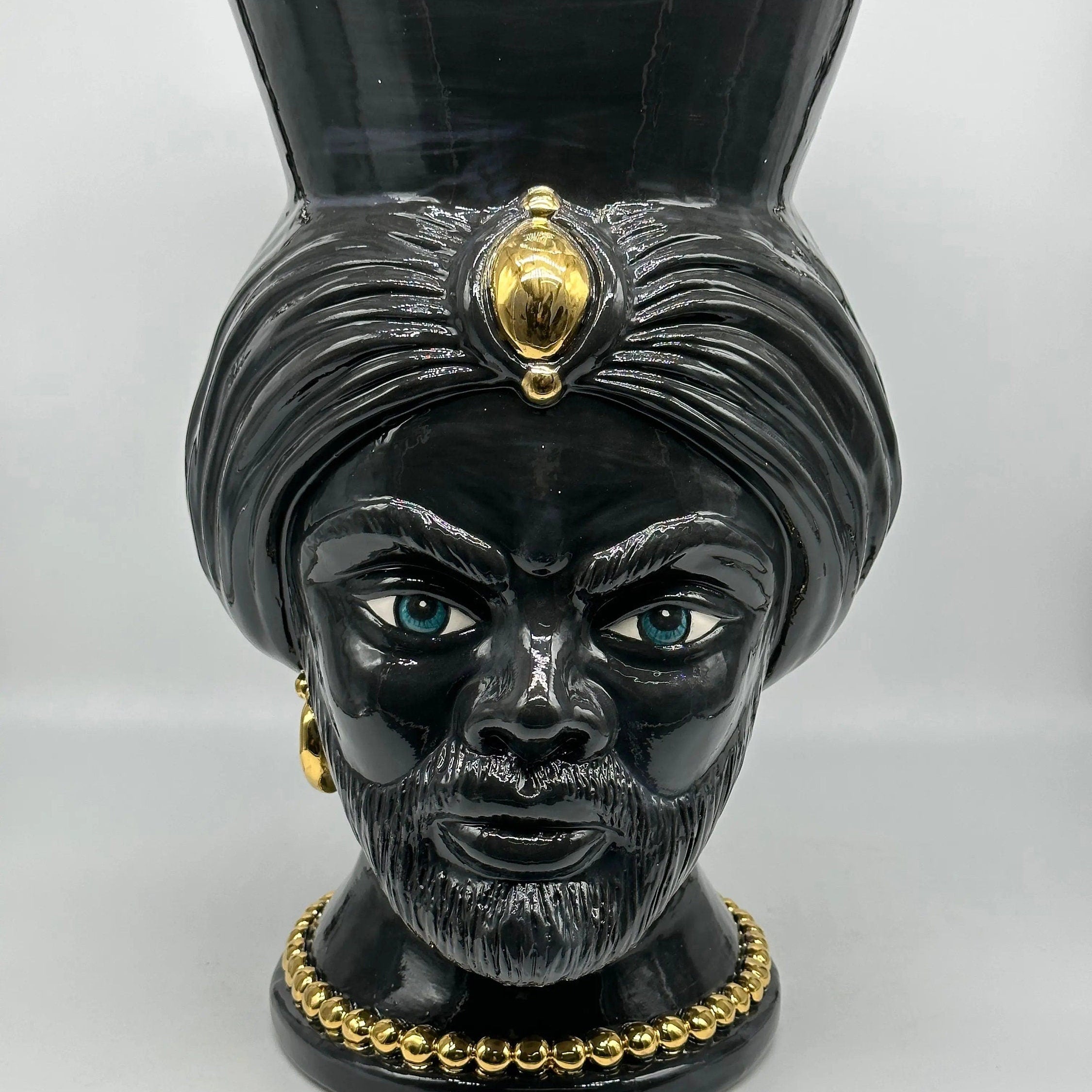 Teste di Moro Iris Ceramica Caltagirone cm H.40 L.23 Artigianale Nero Oro Zecchino DD CERAMICHE SICILIANE