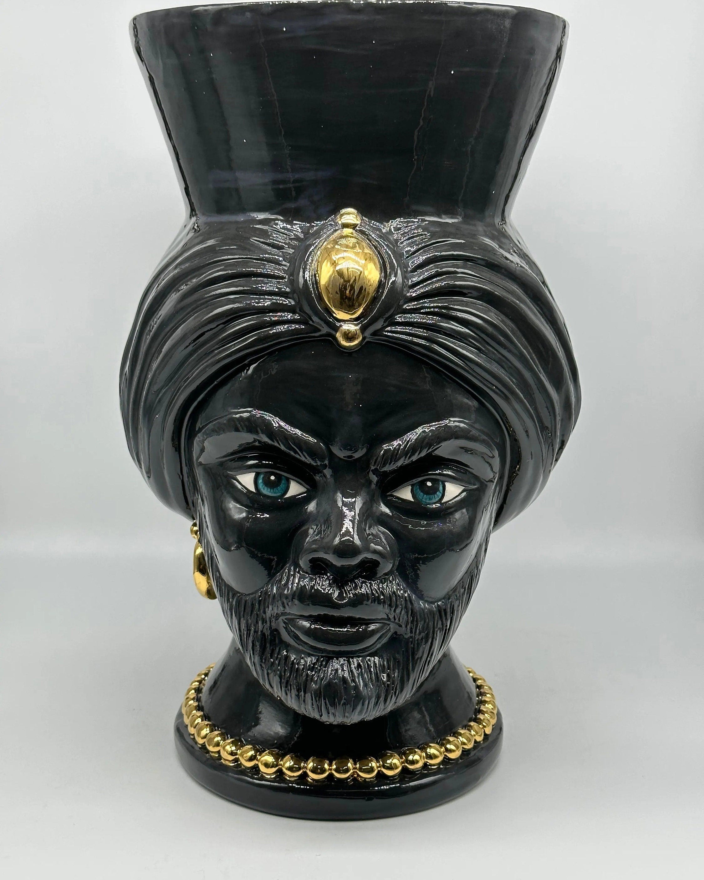 Teste di Moro Iris Ceramica Caltagirone cm H.40 L.23 Artigianale Nero Oro Zecchino DD CERAMICHE SICILIANE