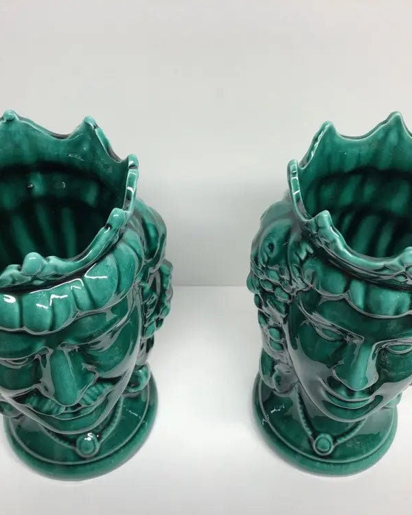 Teste di Moro Kalat Frutta Ceramica Caltagirone cm H.26 L.16 Artigianale Verde Cristallo DD CERAMICHE SICILIANE