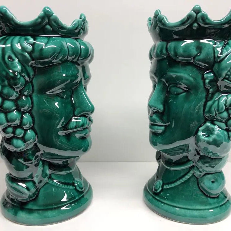 Teste di Moro Kalat Frutta Ceramica Caltagirone cm H.26 L.16 Artigianale Verde Cristallo DD CERAMICHE SICILIANE