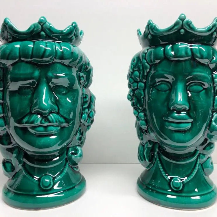 Teste di Moro Kalat Frutta Ceramica Caltagirone cm H.26 L.16 Artigianale Verde Cristallo DD CERAMICHE SICILIANE