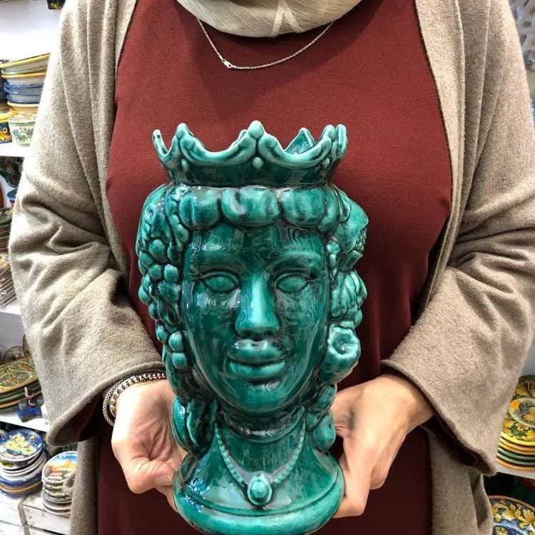 Teste di Moro Kalat Frutta Ceramica Caltagirone cm H.26 L.16 Artigianale Verde Cristallo DD CERAMICHE SICILIANE