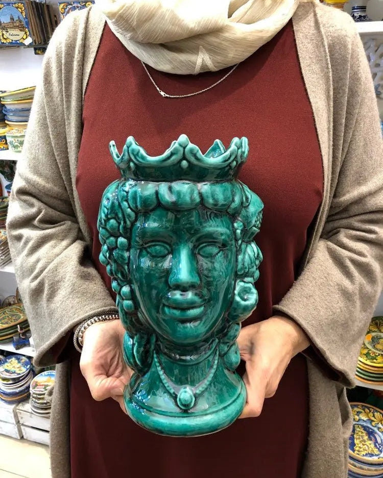 Teste di Moro Kalat Frutta Ceramica Caltagirone cm H.26 L.16 Artigianale Verde Cristallo DD CERAMICHE SICILIANE