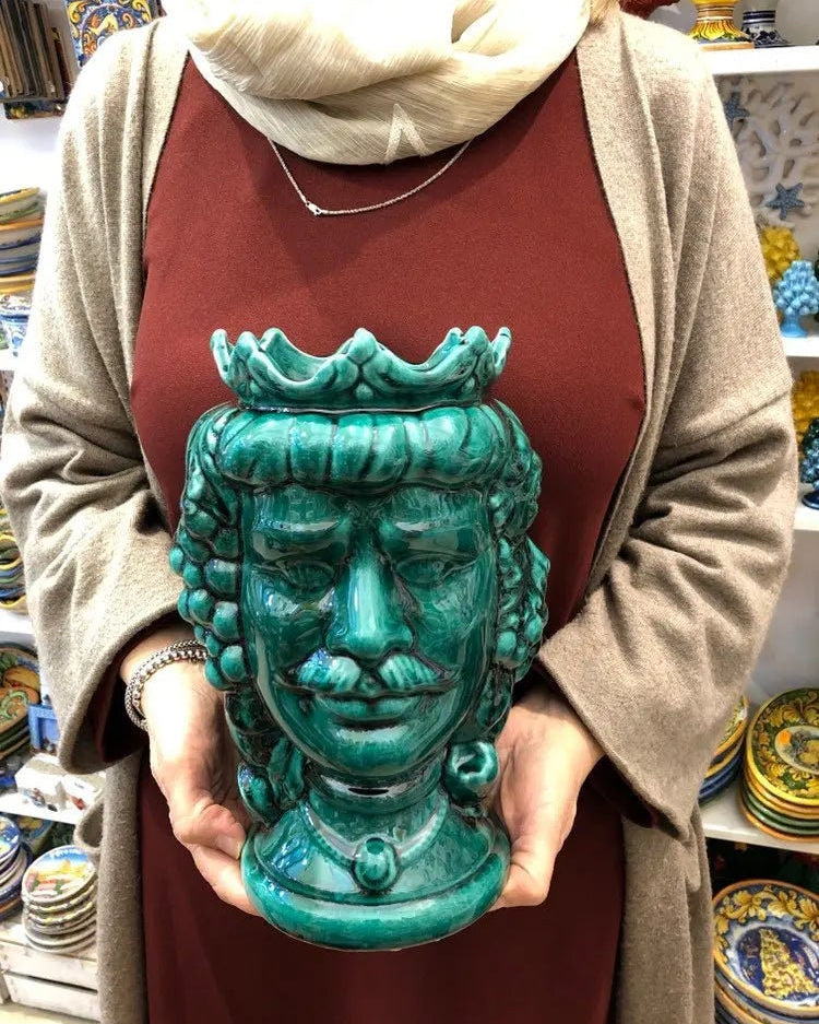 Teste di Moro Kalat Frutta Ceramica Caltagirone cm H.26 L.16 Artigianale Verde Cristallo DD CERAMICHE SICILIANE