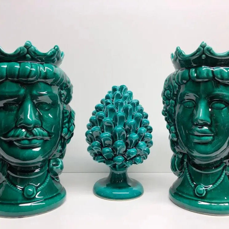 Teste di Moro Kalat Frutta Ceramica Caltagirone cm H.26 L.16 Artigianale Verde Cristallo DD CERAMICHE SICILIANE