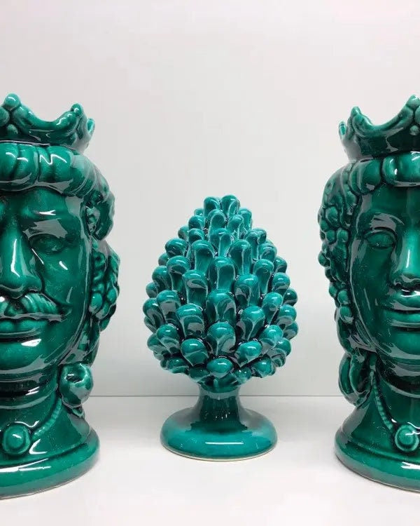 Teste di Moro Kalat Frutta Ceramica Caltagirone cm H.26 L.16 Artigianale Verde Cristallo DD CERAMICHE SICILIANE