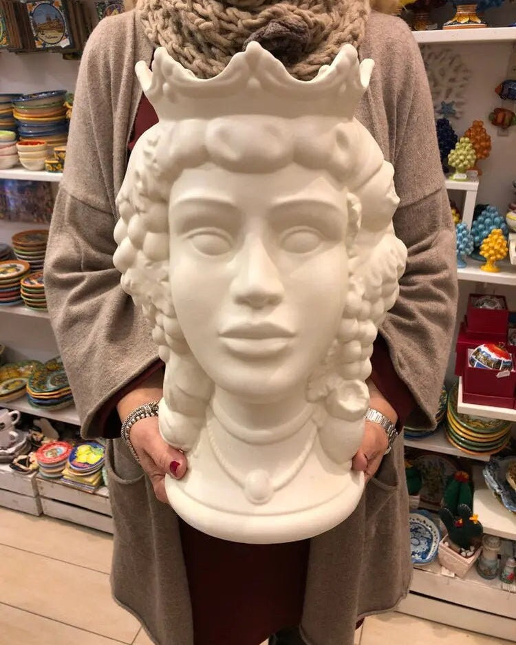 Teste di Moro Kalat Frutta Ceramica Caltagirone cm H.36 L.23 Artigianale Bianco Opaco DD CERAMICHE SICILIANE