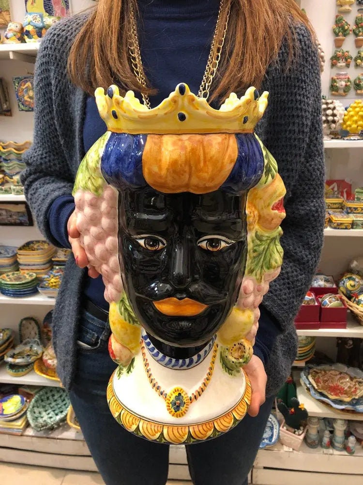 Teste di Moro Kalat Frutta Ceramica Caltagirone cm H.36 L.23 Artigianale DD CERAMICHE SICILIANE