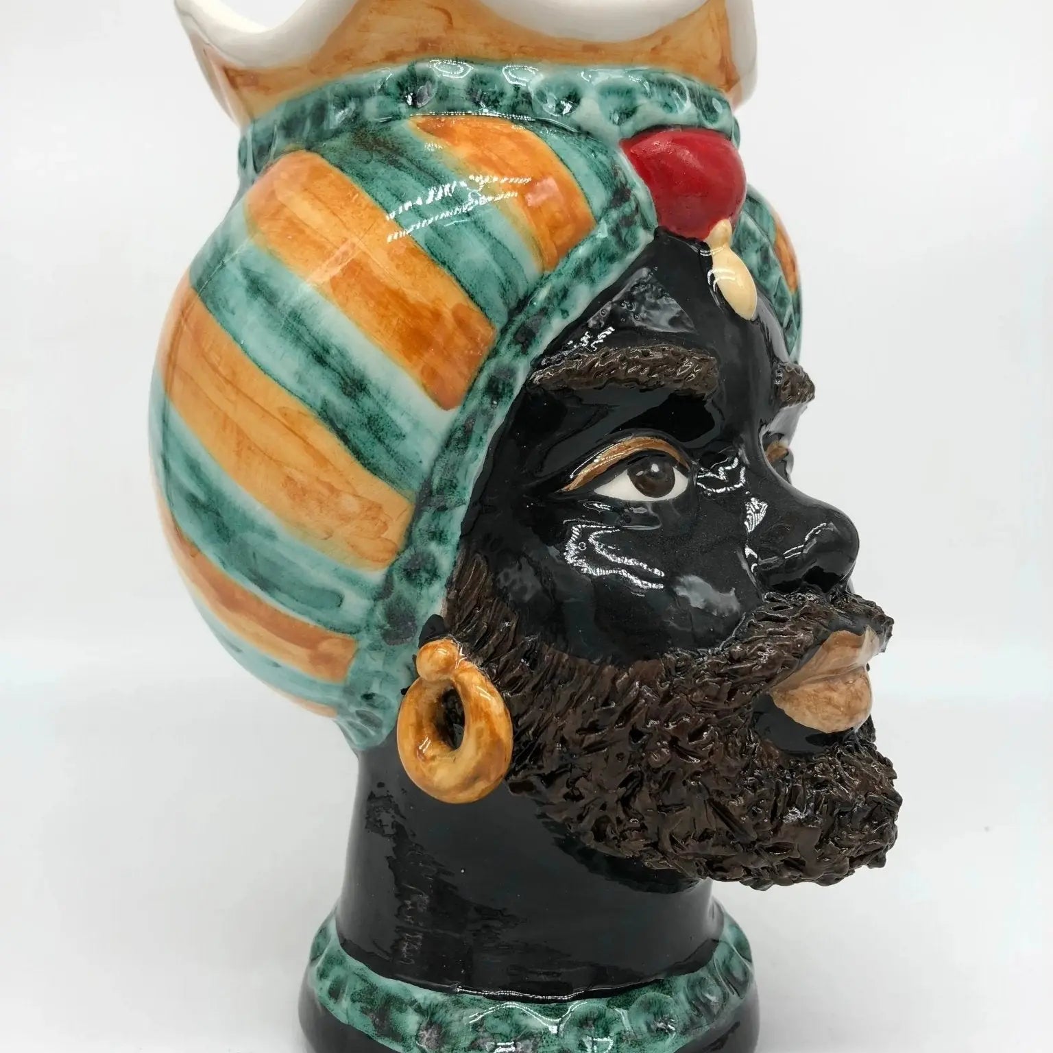 Teste di Moro Luis Ceramica Caltagirone cm H.22 L.15 Artigianale Turbante Liscio Verde Ocra Rosso - DD CERAMICHE SICILIANE