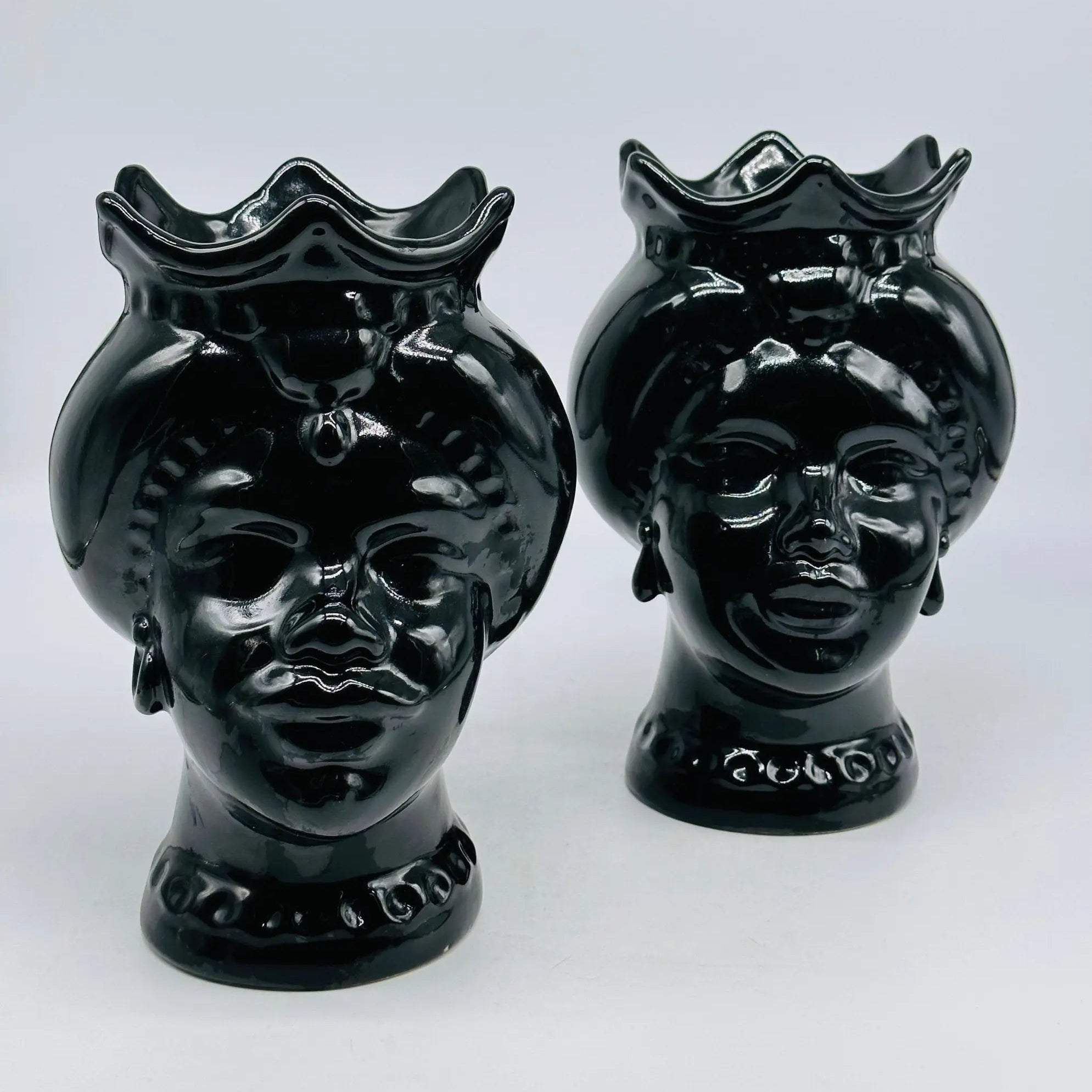 Teste di Moro Luis Ceramica Caltagirone cm H.22 L.15 Artigianale Turbante Nero Lucido - TESTA DI MORO