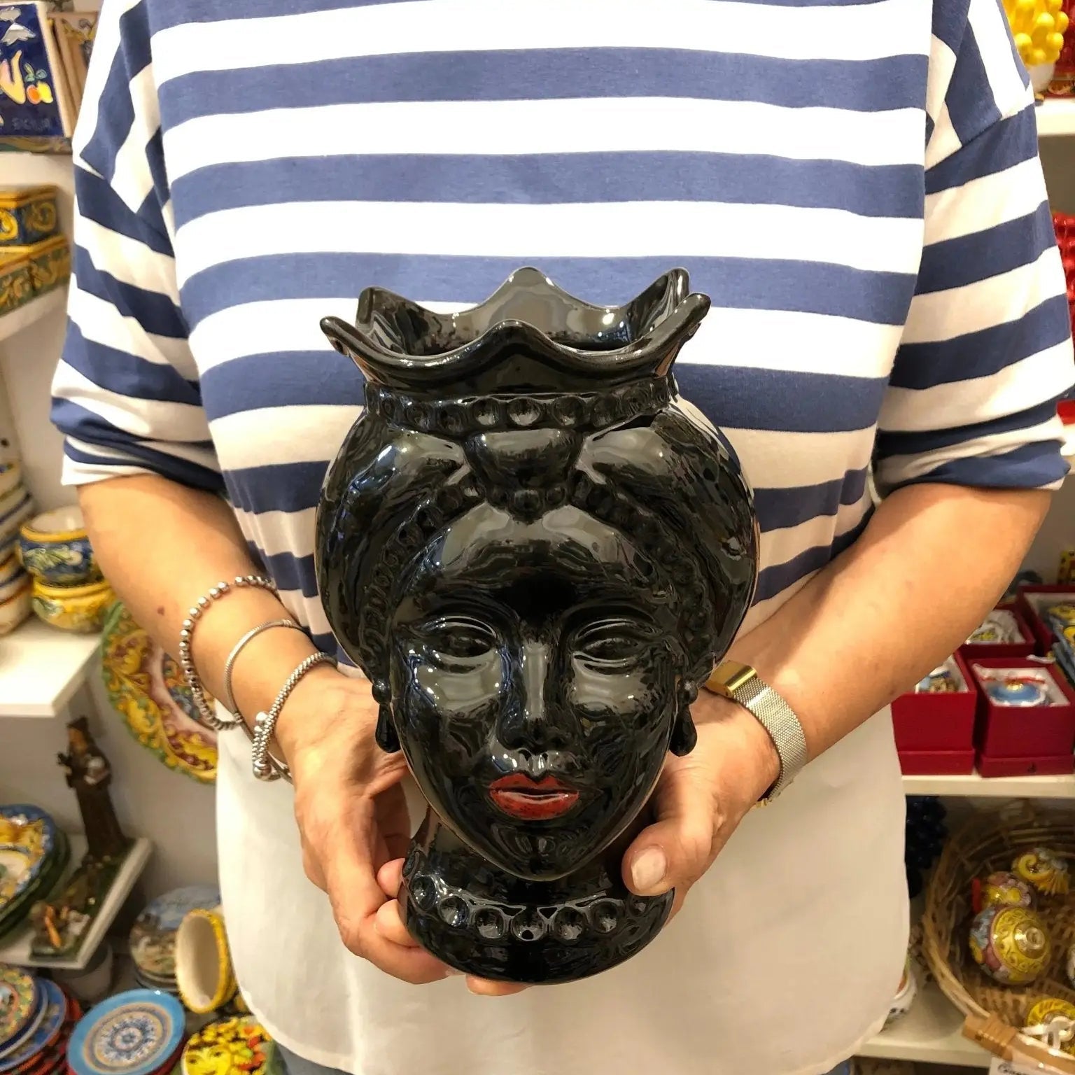 Teste di Moro Luis Ceramica Caltagirone cm H.22 L.15 Artigianale Turbante Liscio Nero Lucido - DD CERAMICHE SICILIANE