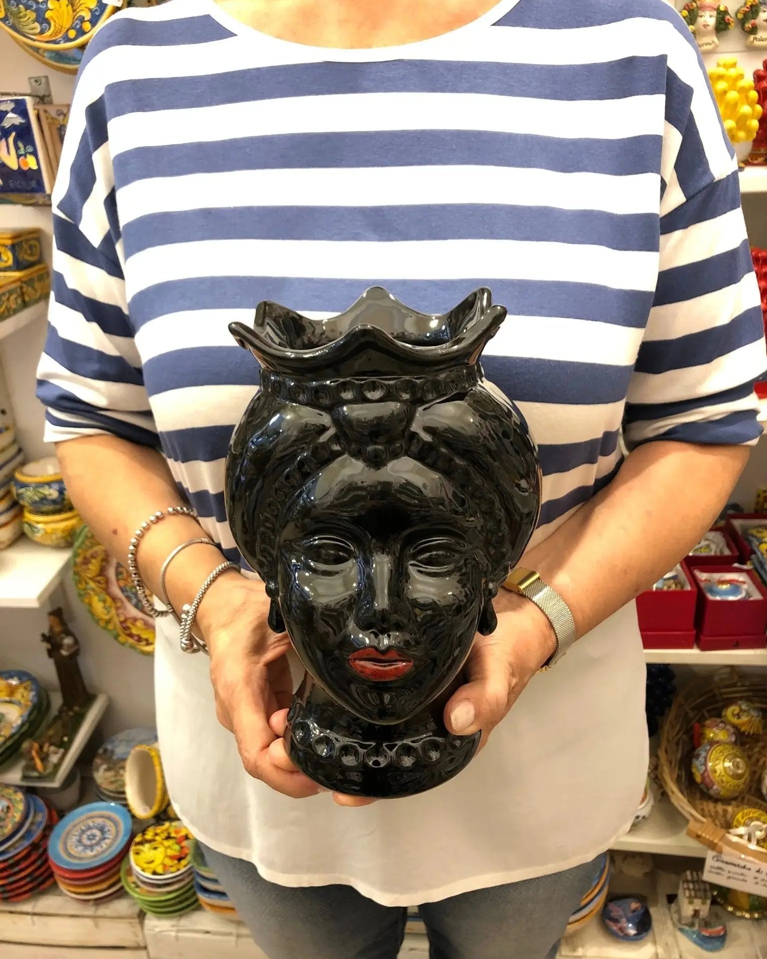 Teste di Moro Luis Ceramica Caltagirone cm H.22 L.15 Artigianale Turbante Liscio Nero Lucido - DD CERAMICHE SICILIANE