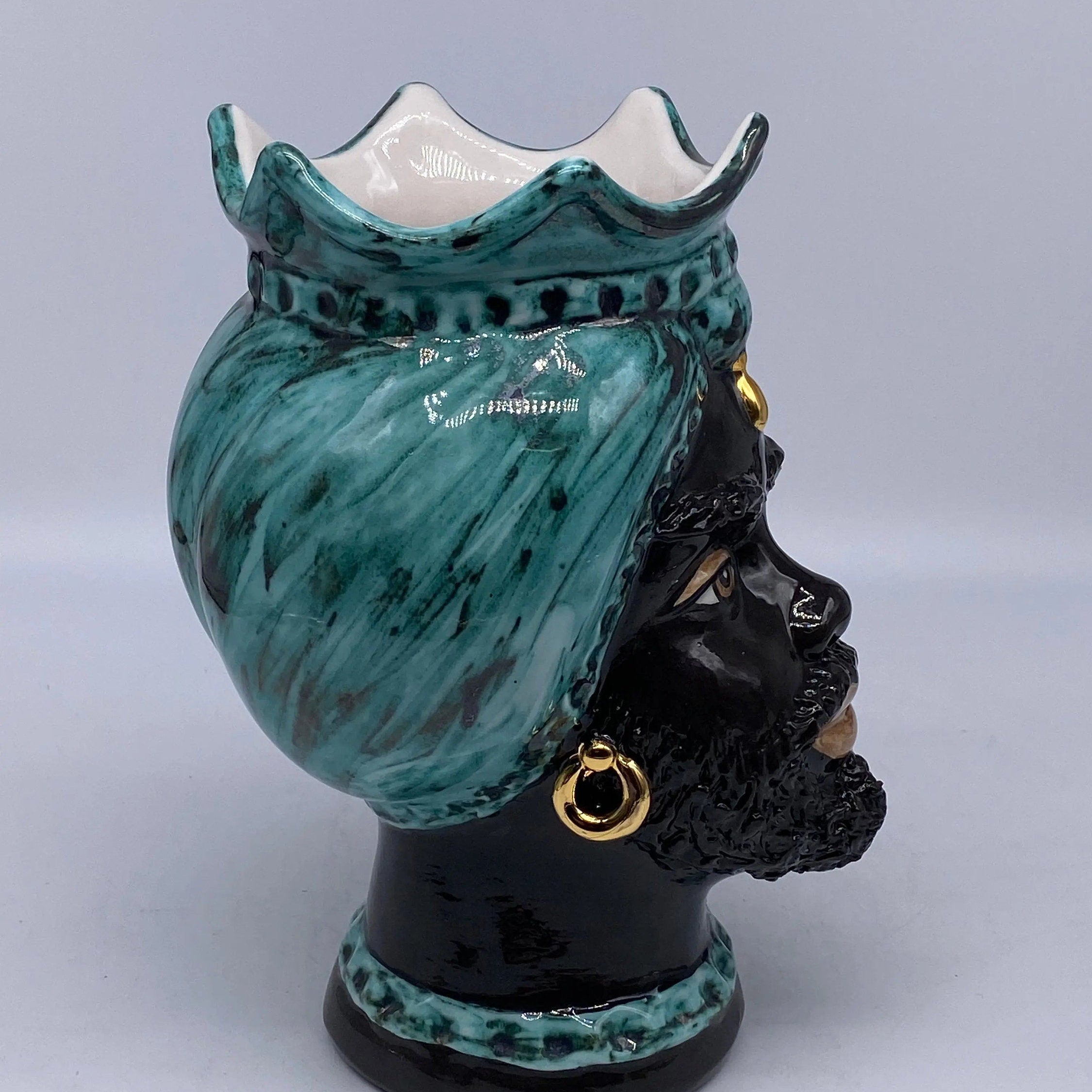 Teste di Moro Luis Ceramica Caltagirone cm H.22 L.15 Artigianale Turbante Liscio Verde Nero Oro DD CERAMICHE SICILIANE