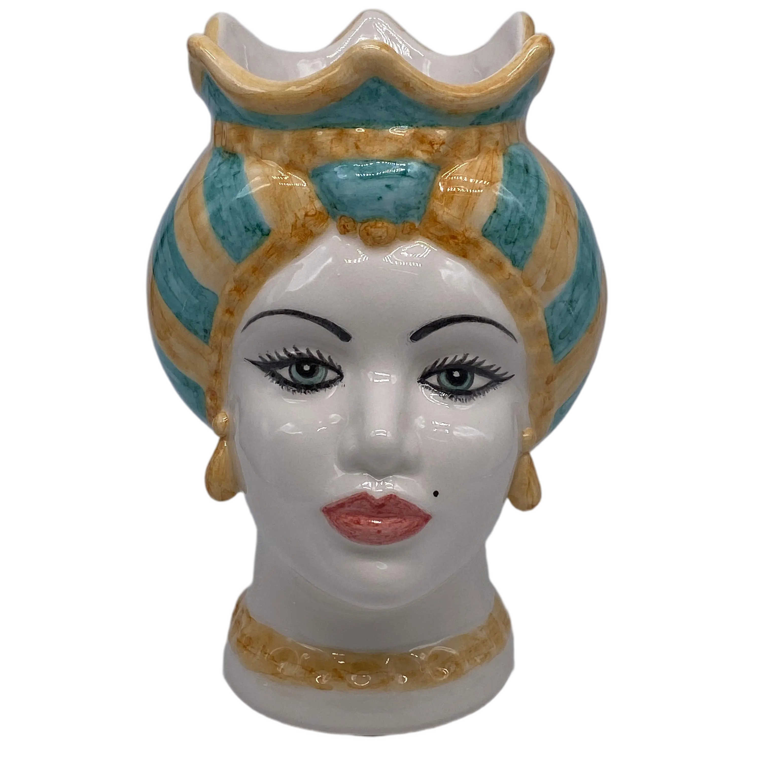 Teste di Moro Luis Ceramica Caltagirone cm H.22 L.15 Artigianale Turbante Liscio Ocra Verde DD CERAMICHE SICILIANE