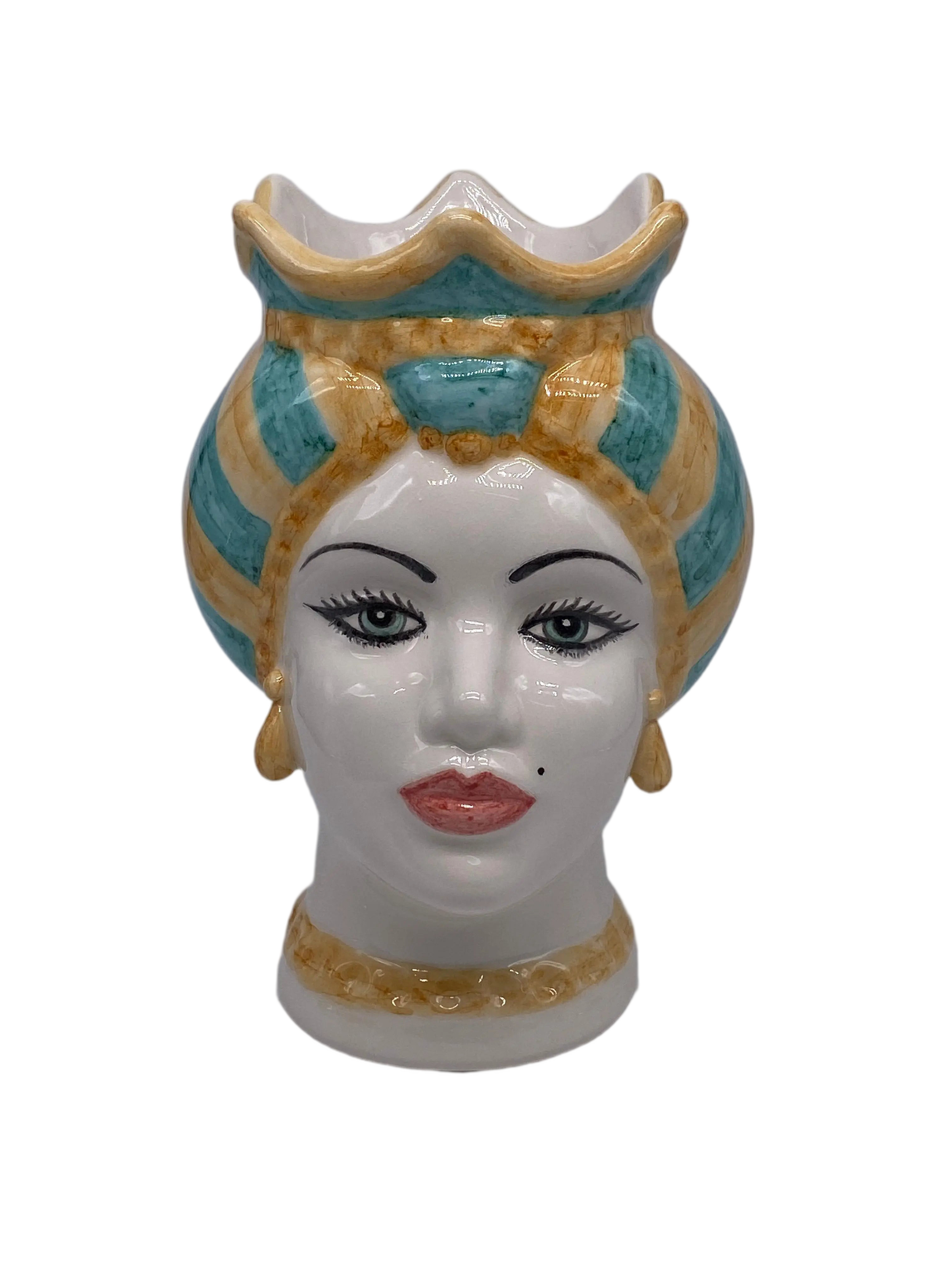Teste di Moro Luis Ceramica Caltagirone cm H.22 L.15 Artigianale Turbante Liscio Ocra Verde DD CERAMICHE SICILIANE