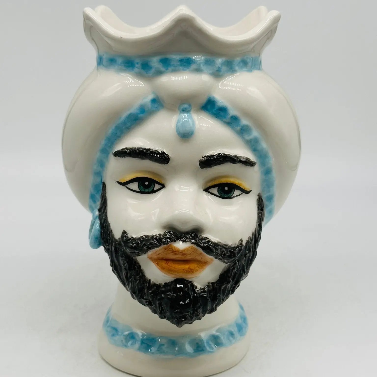 Teste di Moro Luis Ceramica Caltagirone cm H.22 L.15 Artigianale Turbante Liscio Bianco Celeste - Uomo - TESTA DI MORO