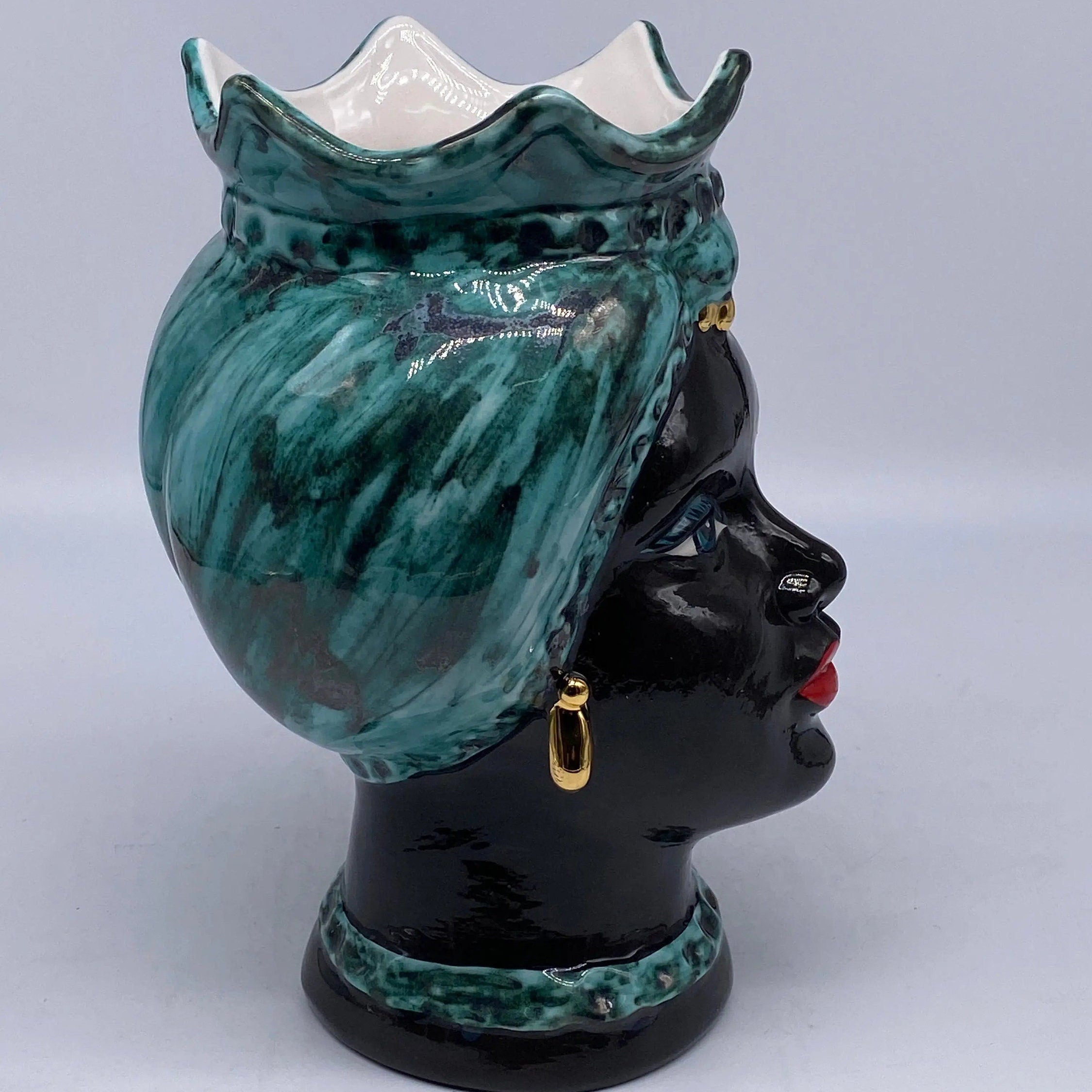 Teste di Moro Luis Ceramica Caltagirone cm H.22 L.15 Artigianale Turbante Liscio Verde Nero Oro DD CERAMICHE SICILIANE