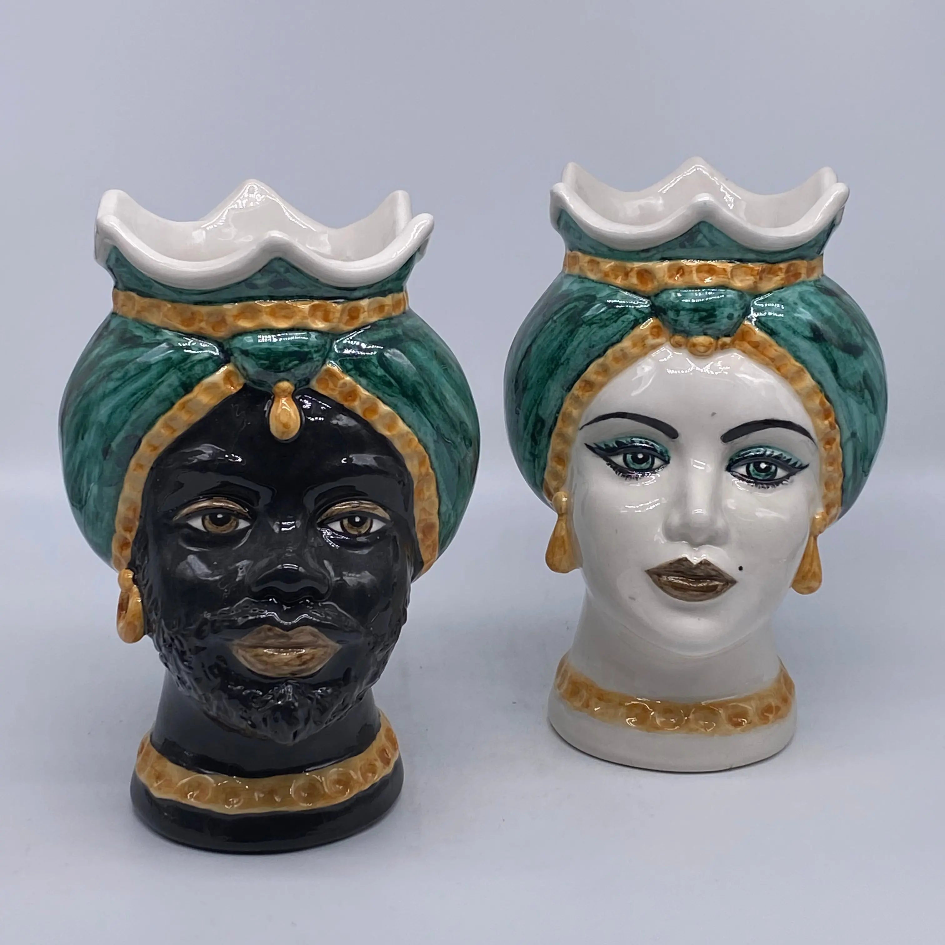 Teste di Moro Luis Ceramica Caltagirone cm H.22 L.15 Artigianale Turbante Liscio Verde Ocra DD CERAMICHE SICILIANE