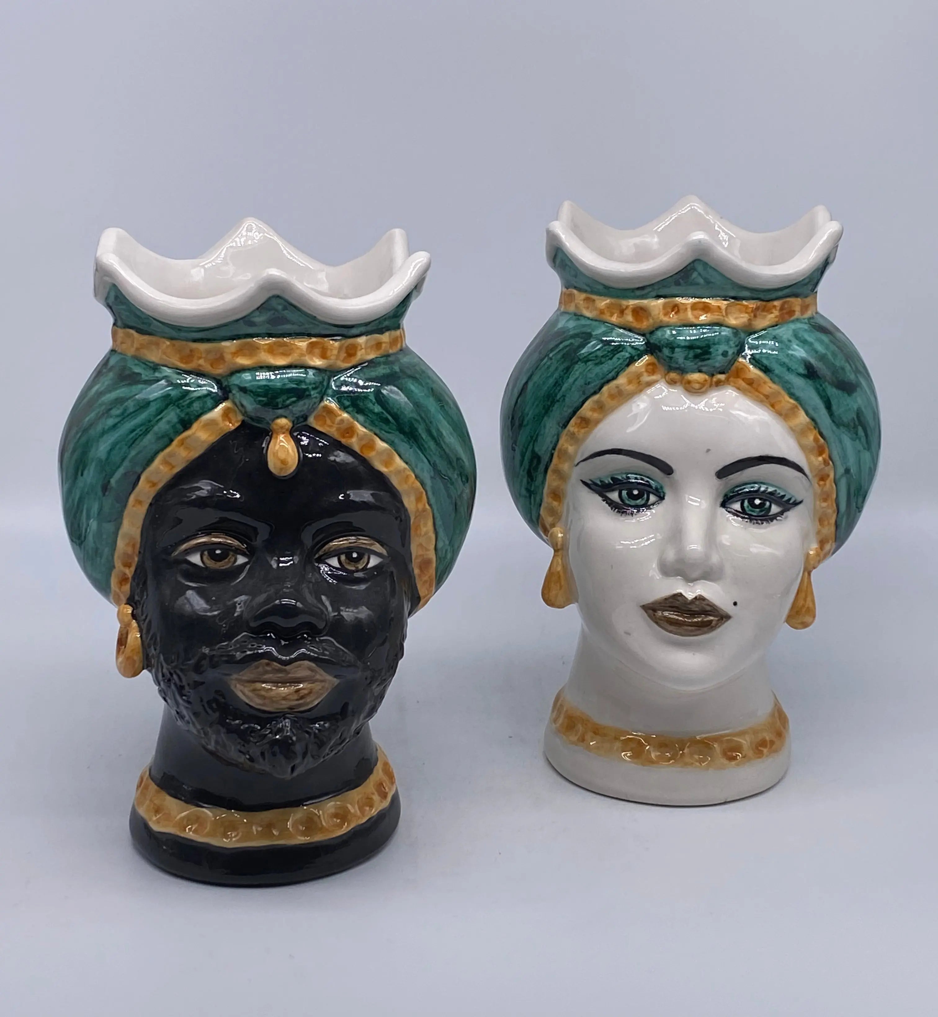 Teste di Moro Luis Ceramica Caltagirone cm H.22 L.15 Artigianale Turbante Liscio Verde Ocra DD CERAMICHE SICILIANE
