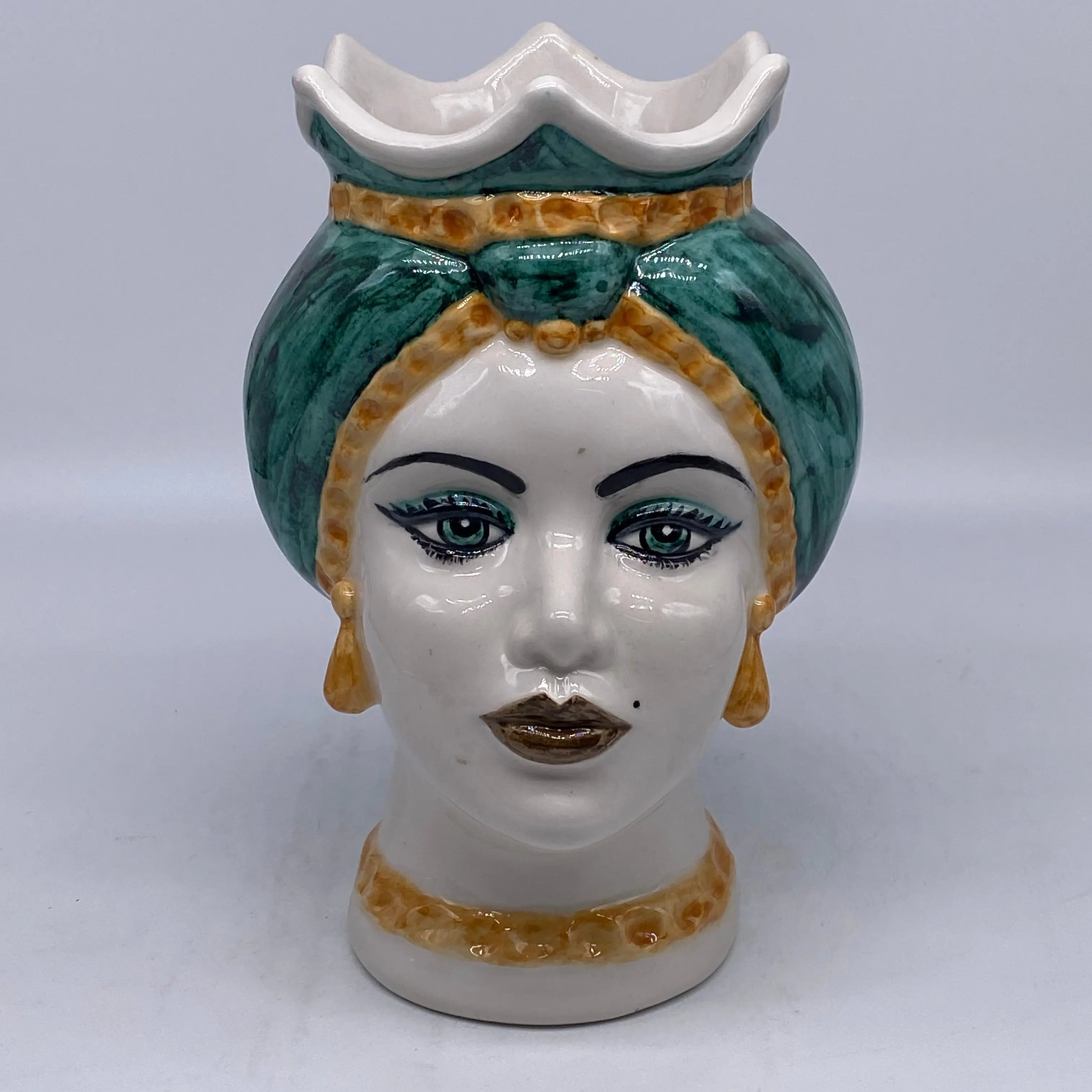 Teste di Moro Luis Ceramica Caltagirone cm H.22 L.15 Artigianale Turbante Liscio Verde Ocra DD CERAMICHE SICILIANE