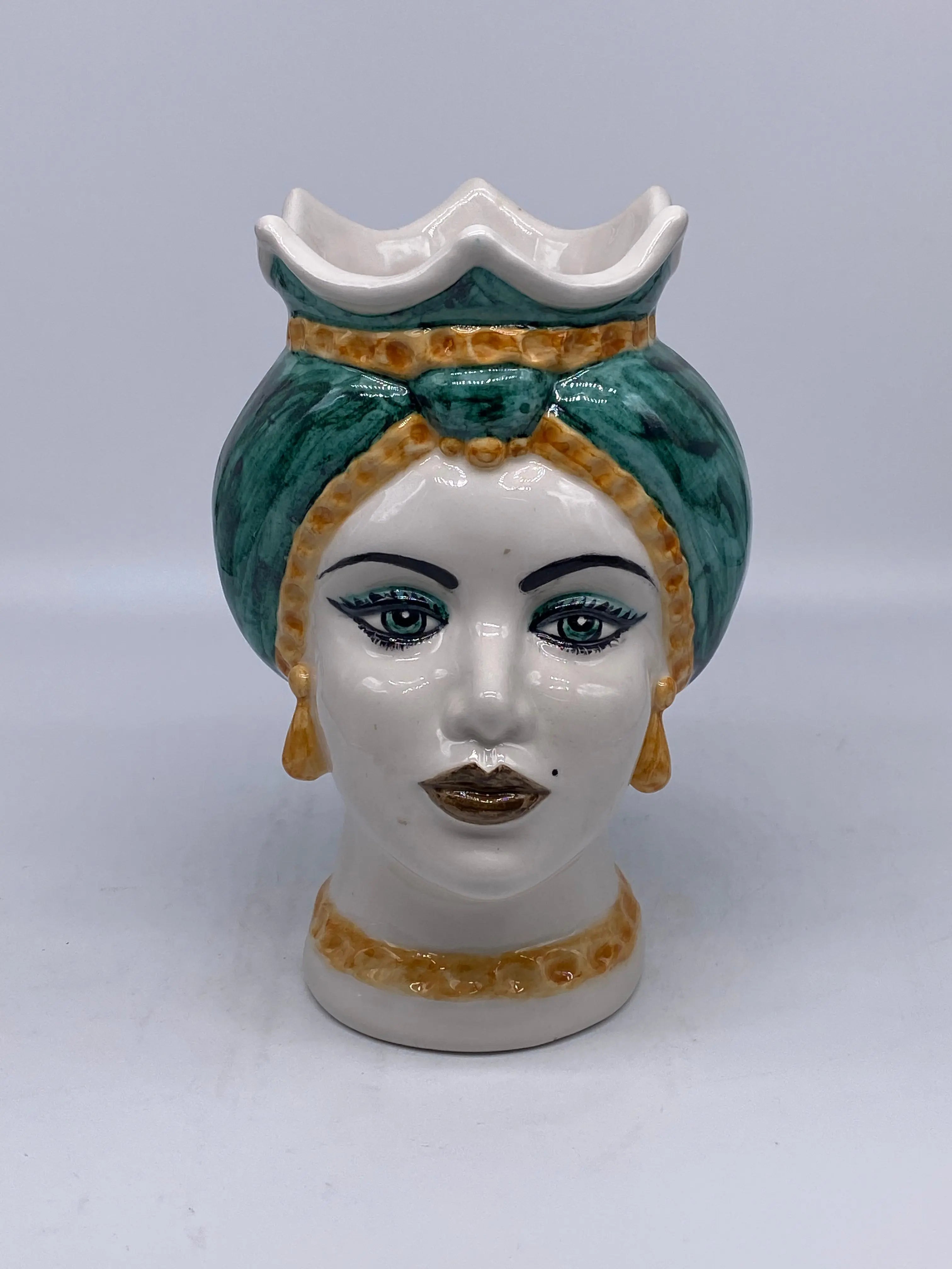 Teste di Moro Luis Ceramica Caltagirone cm H.22 L.15 Artigianale Turbante Liscio Verde Ocra DD CERAMICHE SICILIANE