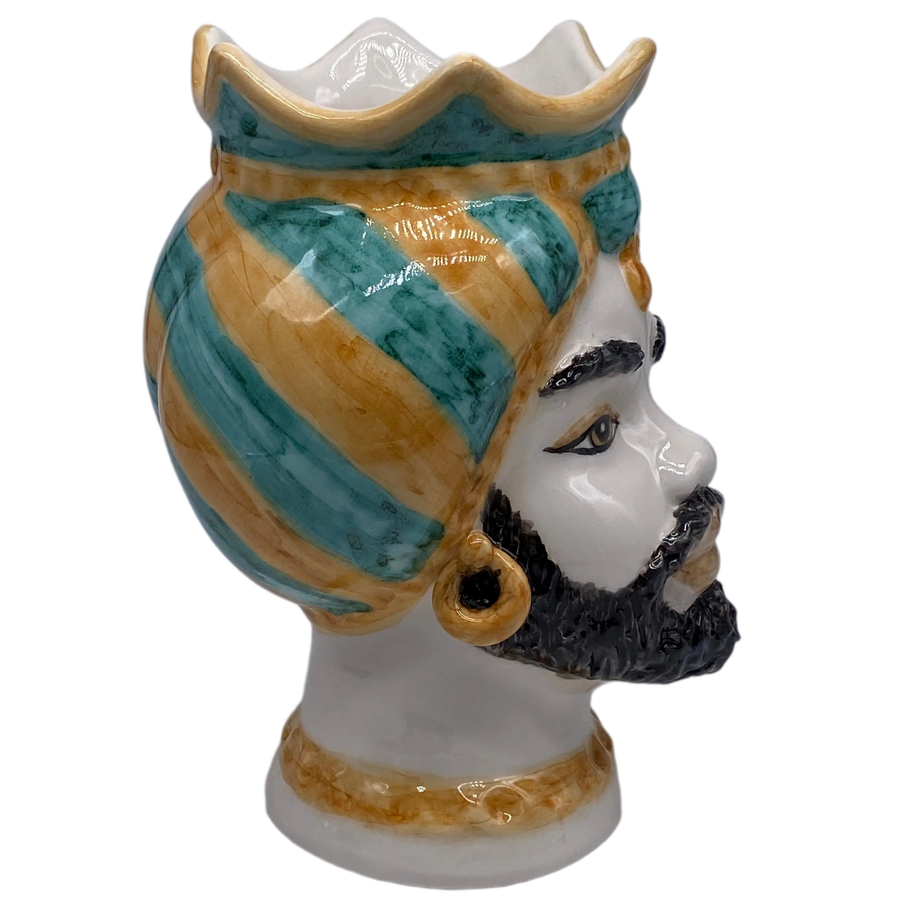 Teste di Moro Luis Ceramica Caltagirone cm H.22 L.15 Artigianale Turbante Liscio Ocra Verde DD CERAMICHE SICILIANE